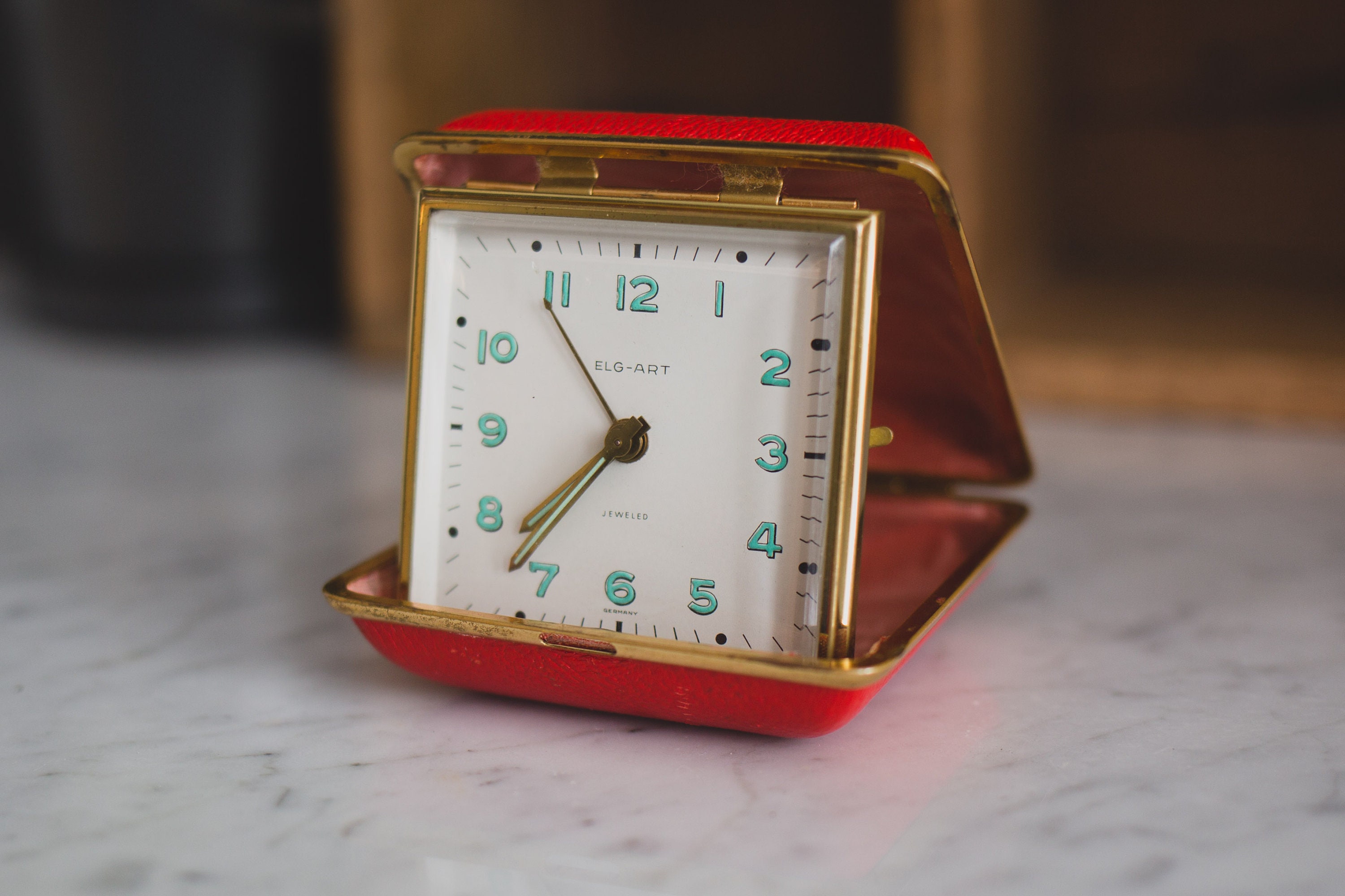 Gold Windup Alarm Clock in Portable Red Clasp Case Vintage Elg Art