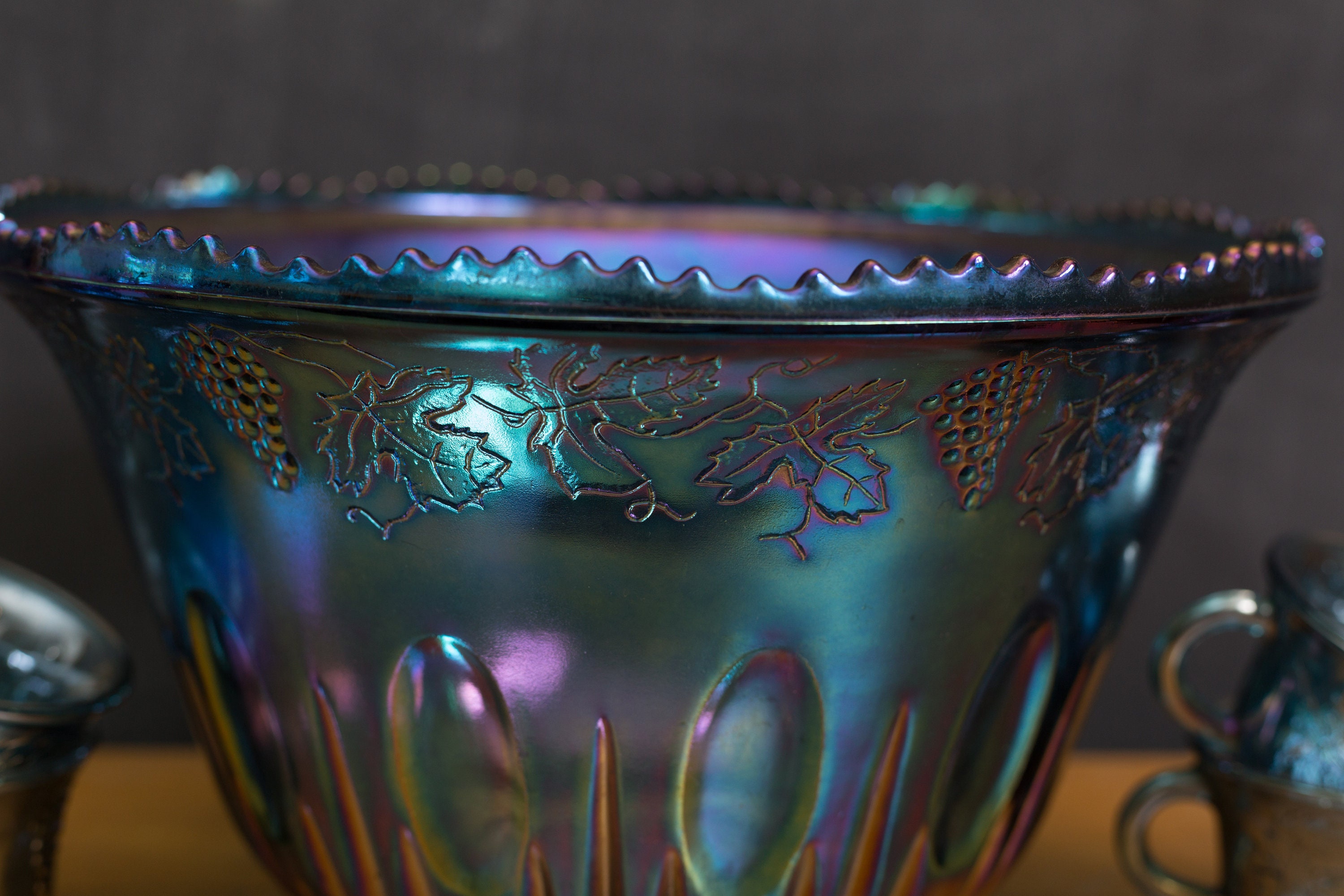 Vintage Iridescent Punchbowl and Cups Indiana Iridescent Blue and