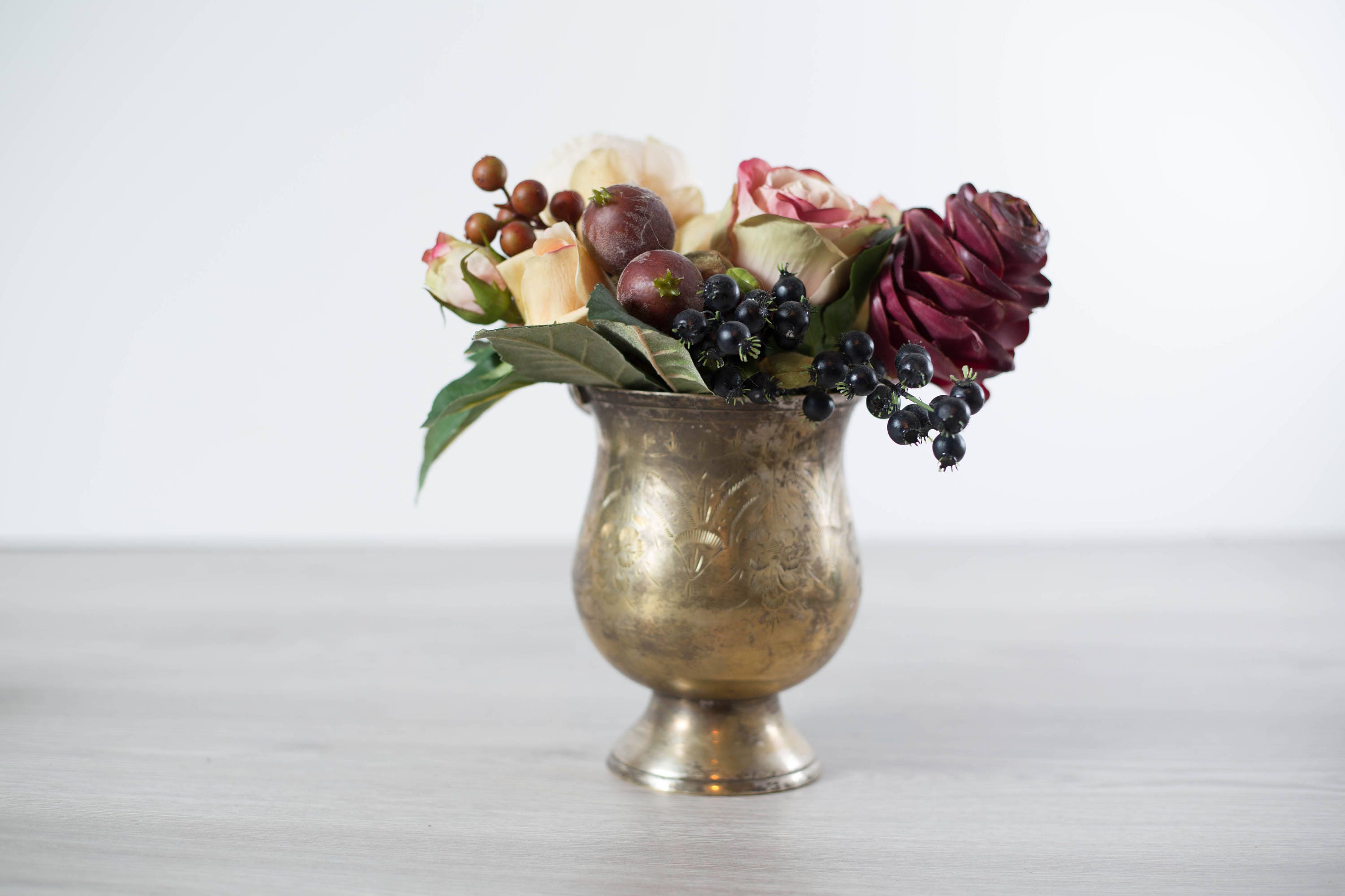 Vintage Silver Planter with Flower Arrangement / Vintage Silver Plated