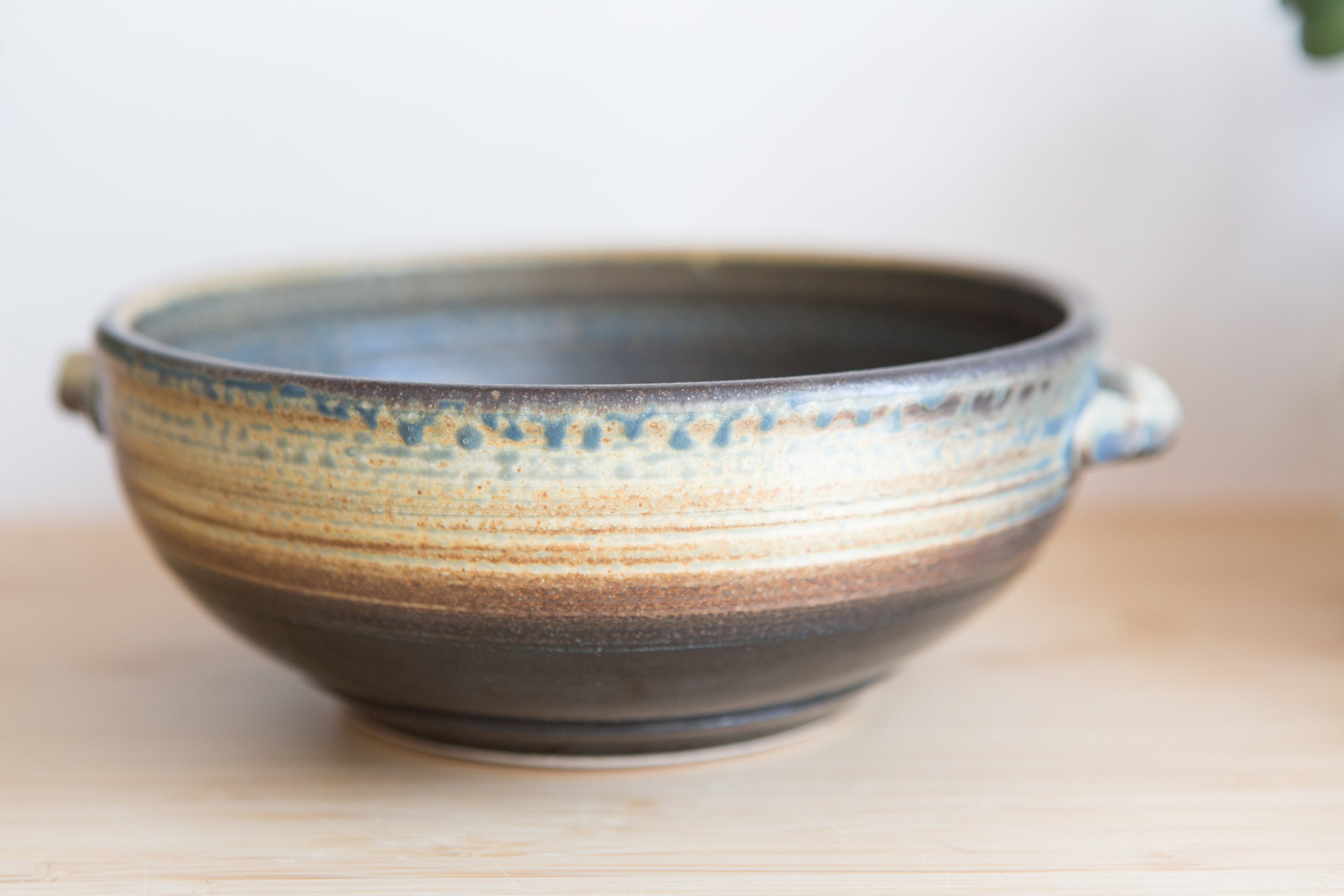 Minimalist Vintage Glazed Ceramic Bowl Signed at Bottom Brown Striped