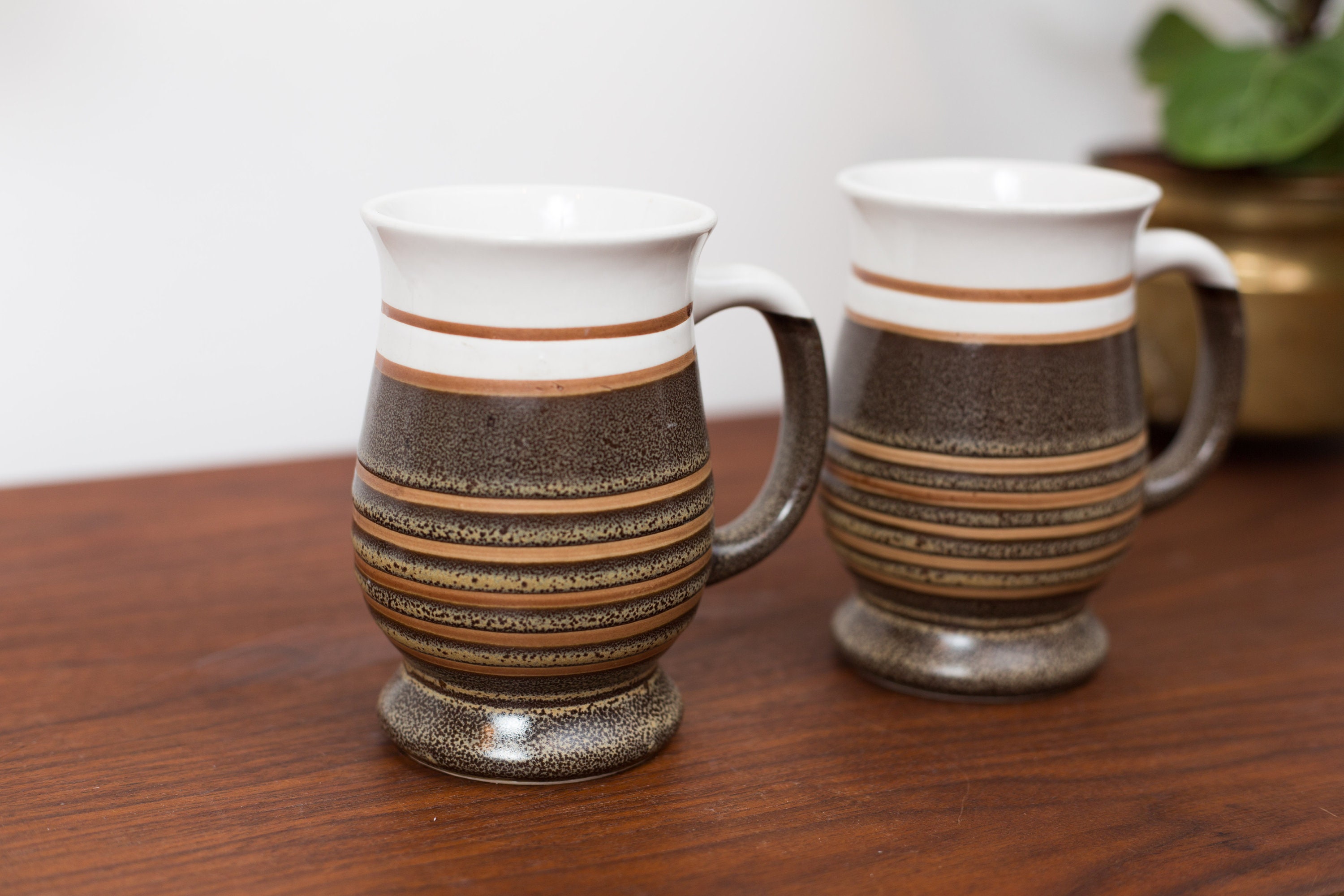Vintage Studio Mugs Pair of Striped Pottery Mugs Brown