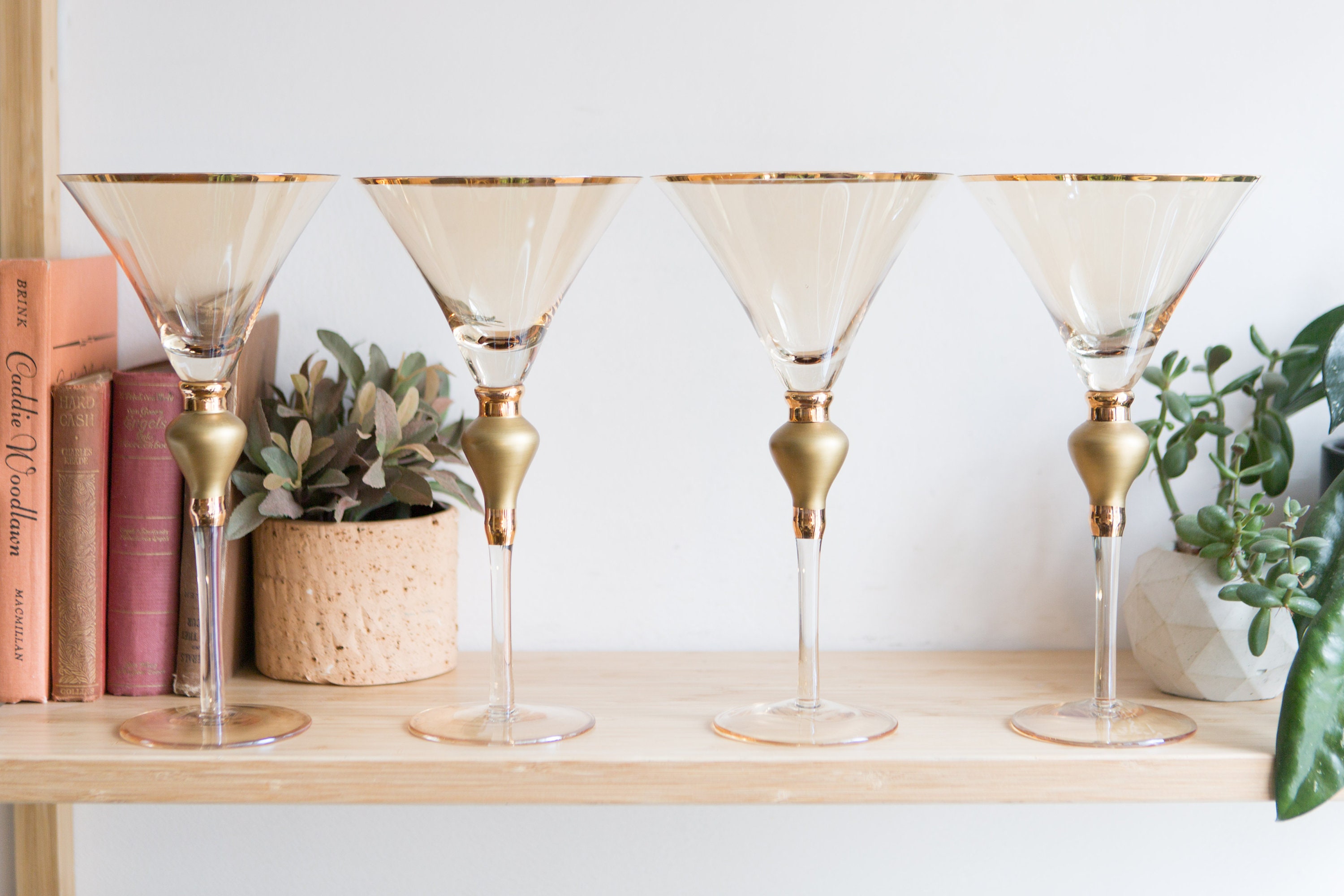 4 Vintage Large Martini Glasses with solid Bubbled Stem and Gold Detail
