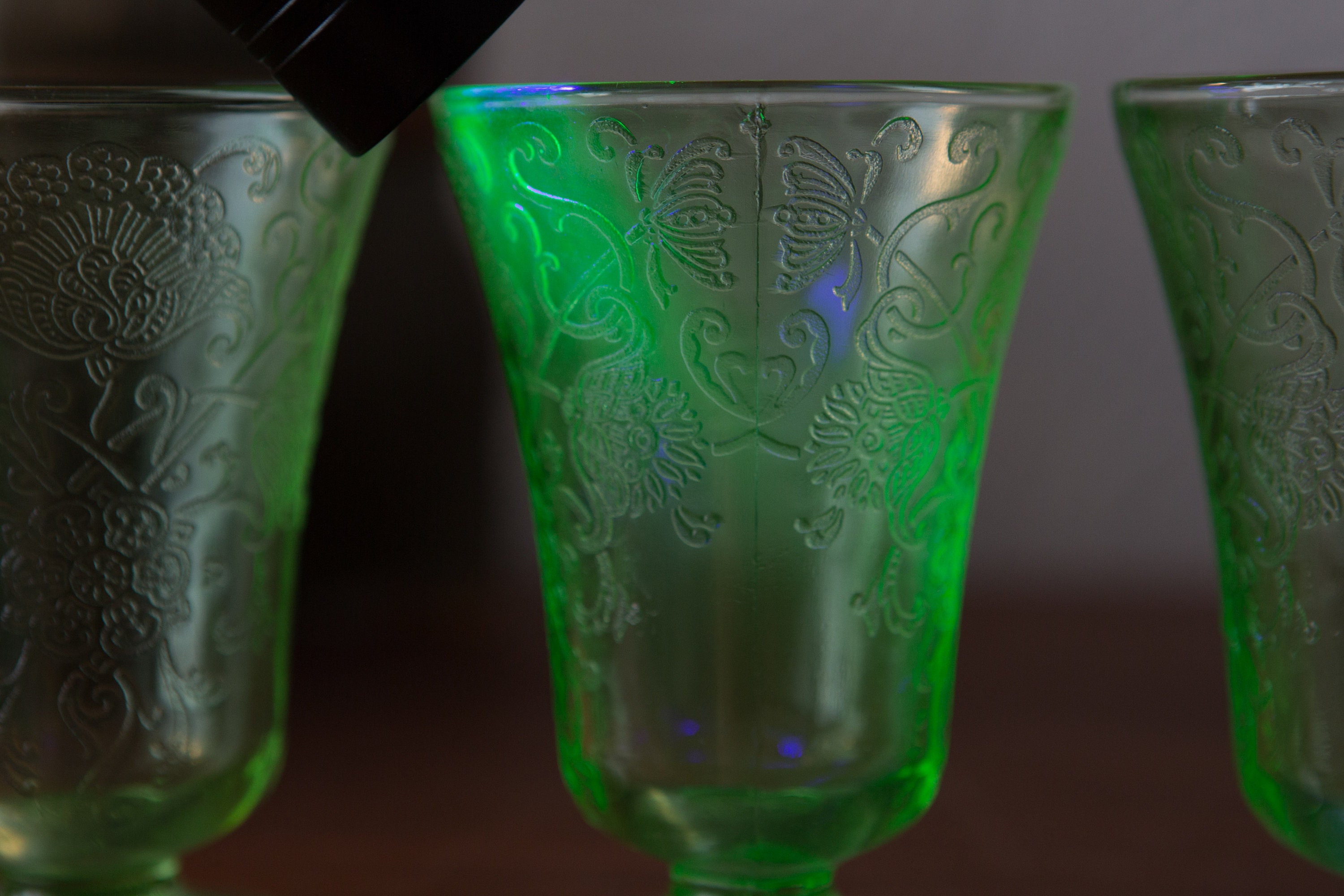 5 Vaseline Glass Footed Tumblers - Florentine No.2 or Poppy pattern by