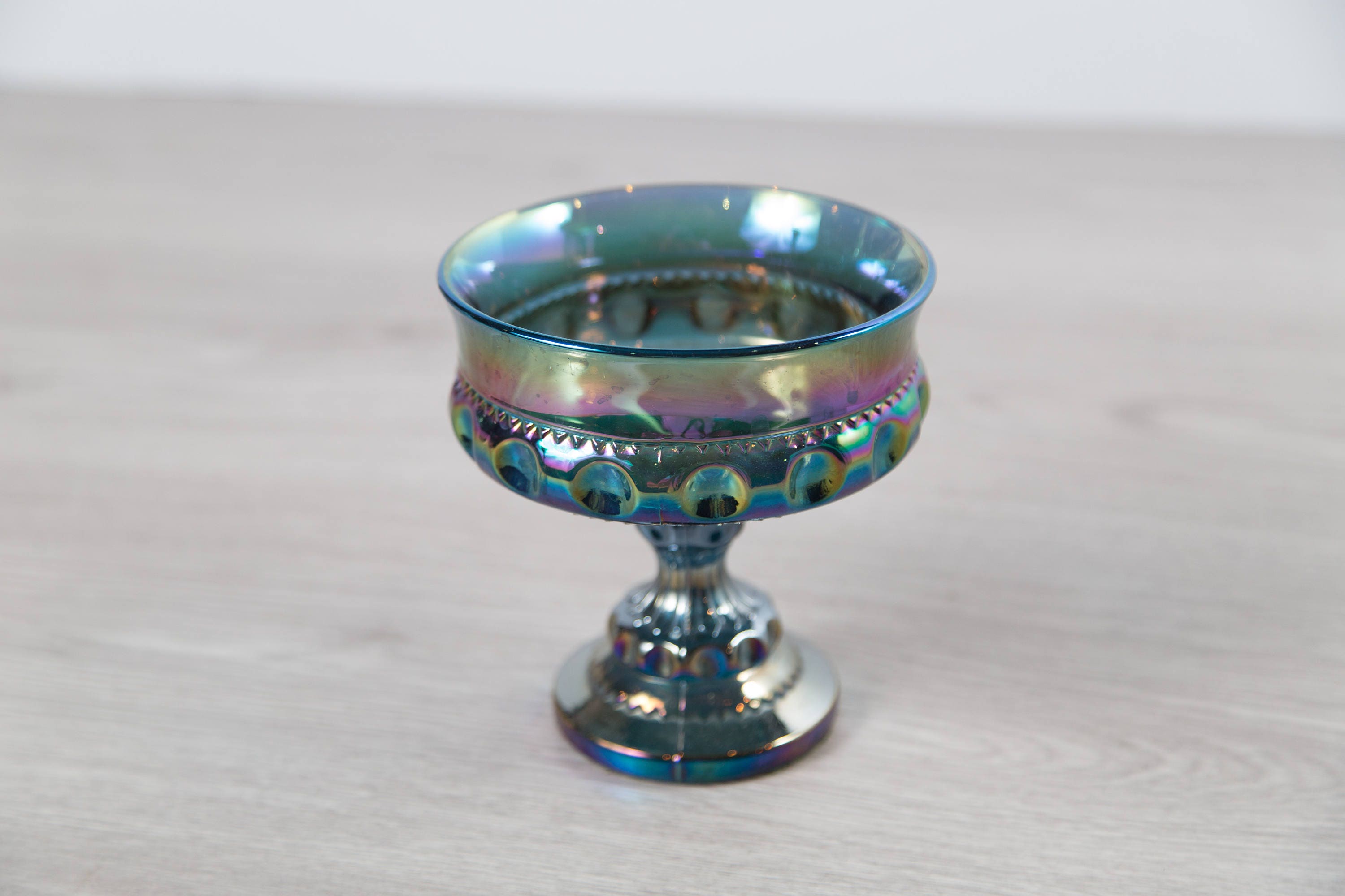 Vintage Iridescent Candy Dish Antique Thumbprint Blue Stemmed Indiana