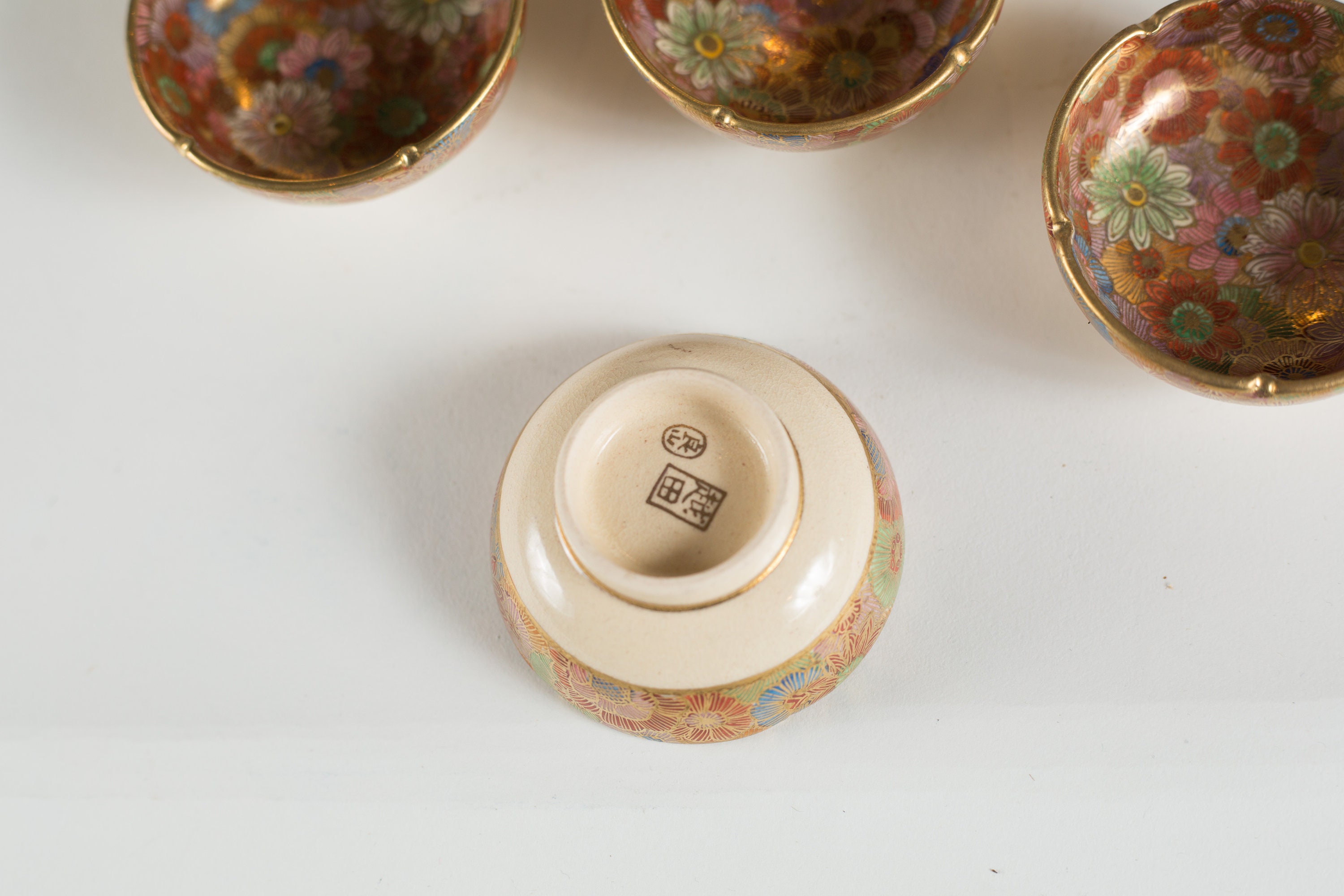 6 Antique Asian Dish Hand Painted Gold and Floral Small Soy Sauce