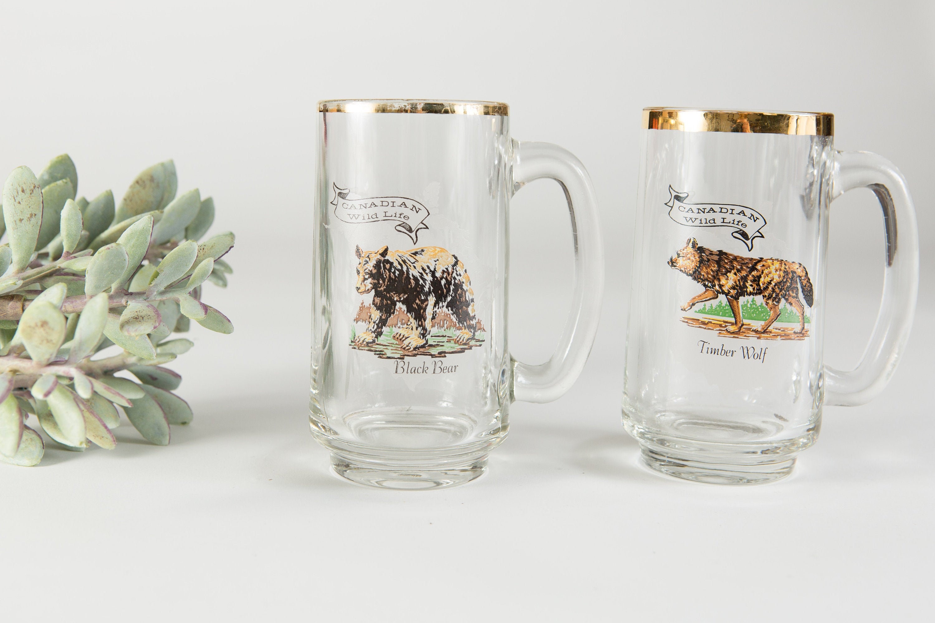 Canadian Wildlife Mugs 14oz Gold Rim Vintage Beer or Cocktail Glass