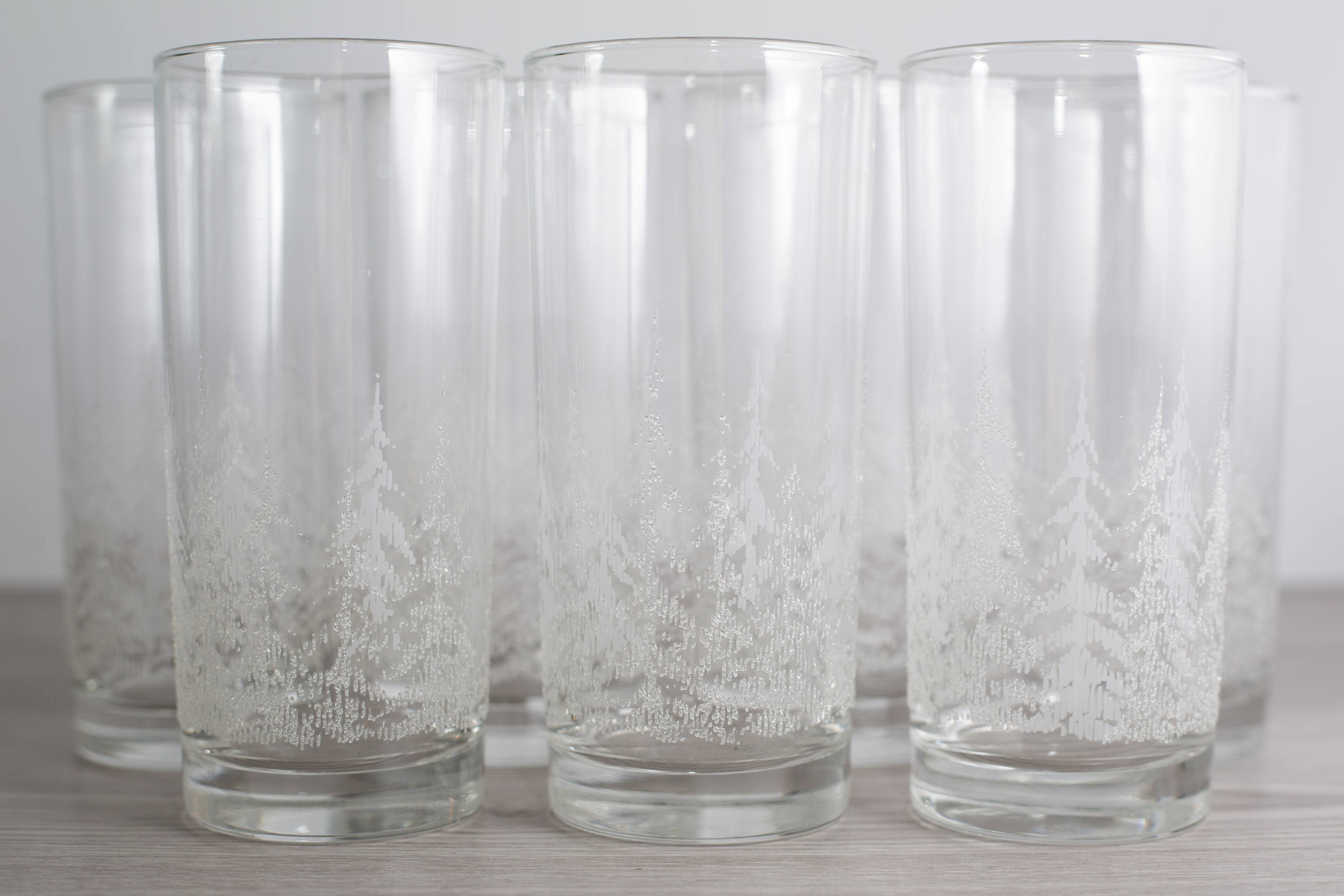 Frosted Forest Glasses / Set of 7 Vintage Textured Winter Trees
