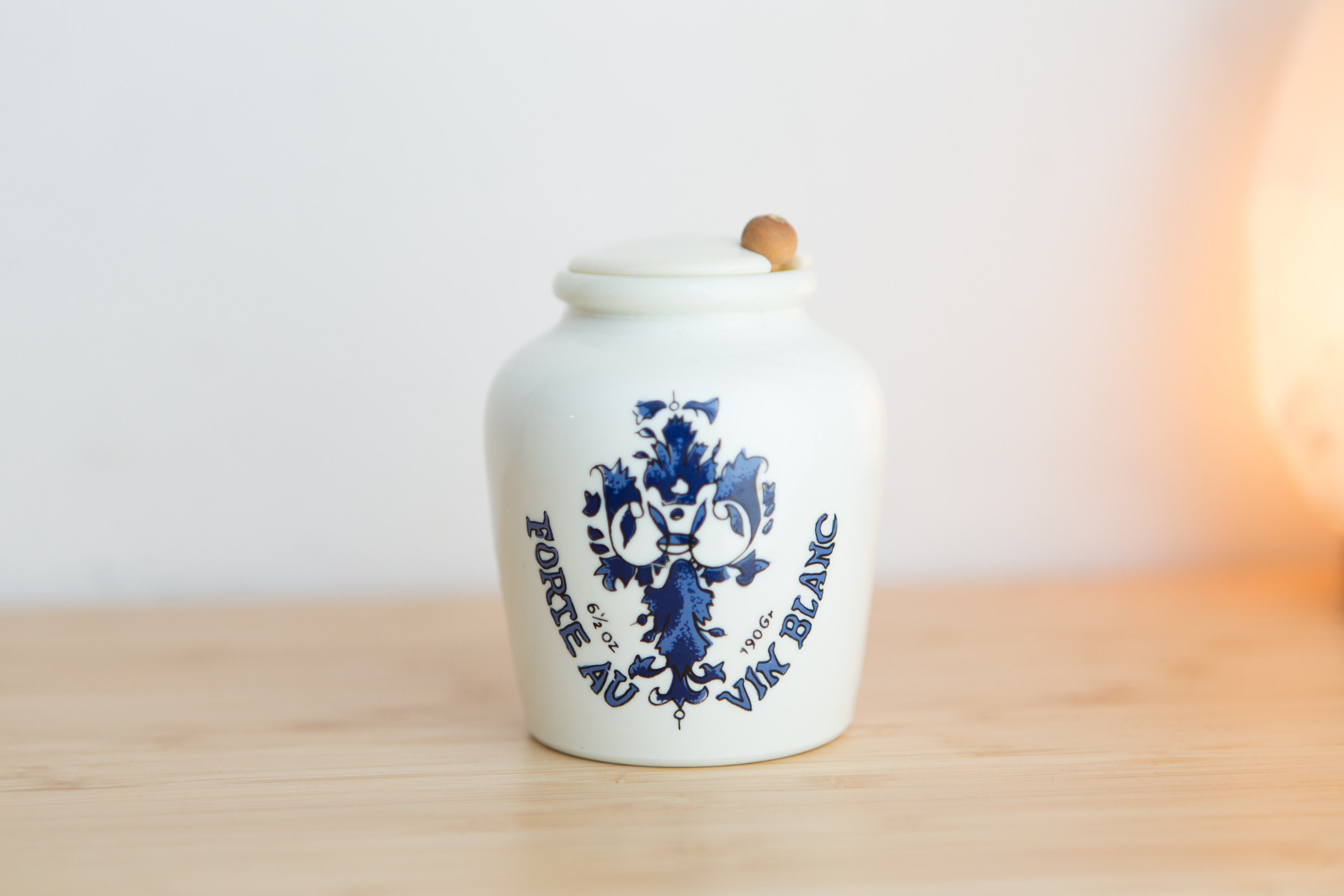 French Mustard Jar Vintage Milk Glass Blue Painted Lidded Kitchen