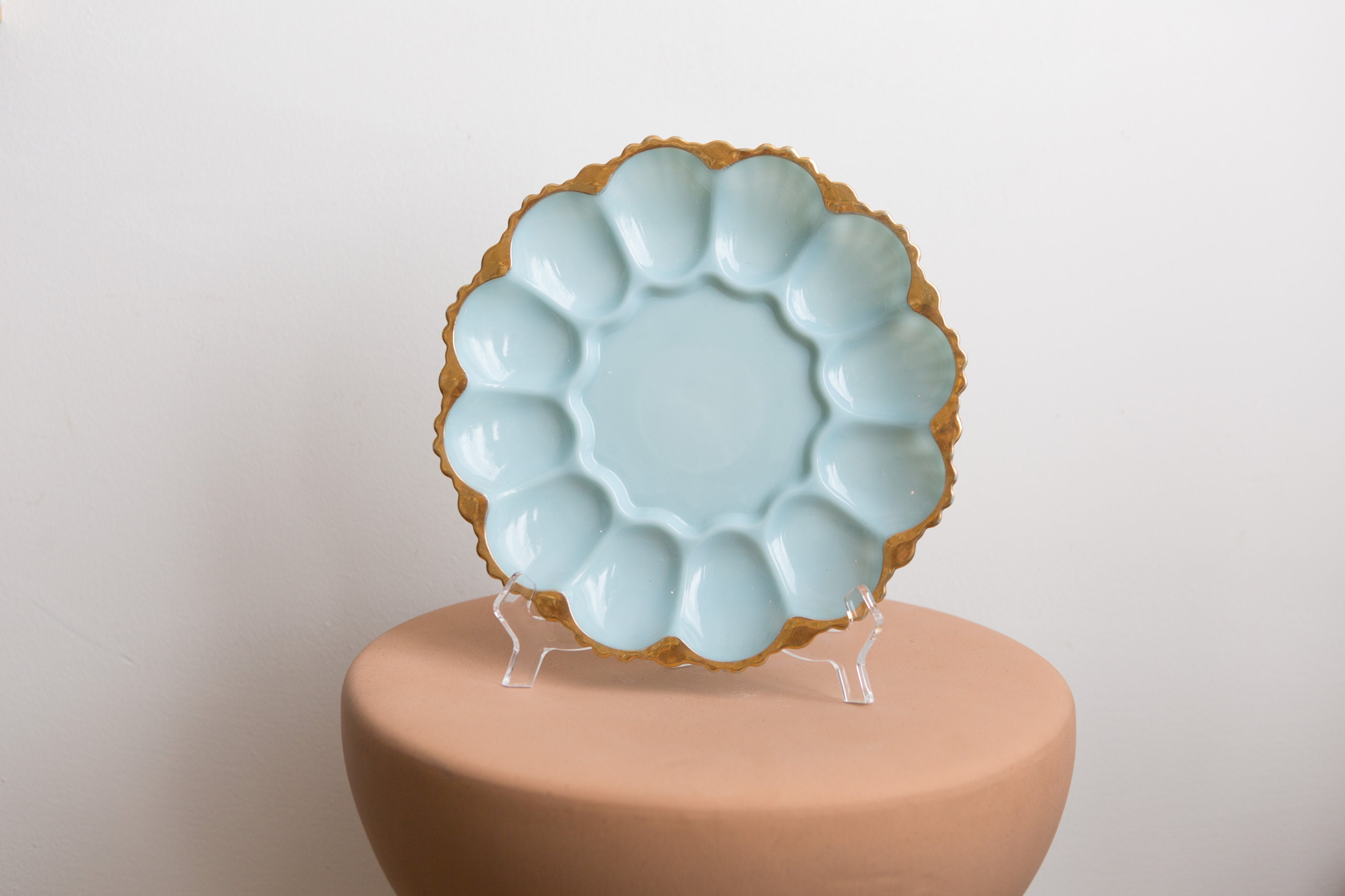 Vintage Deviled Egg Plate Blue Milk Glass Anchor Hocking Serving