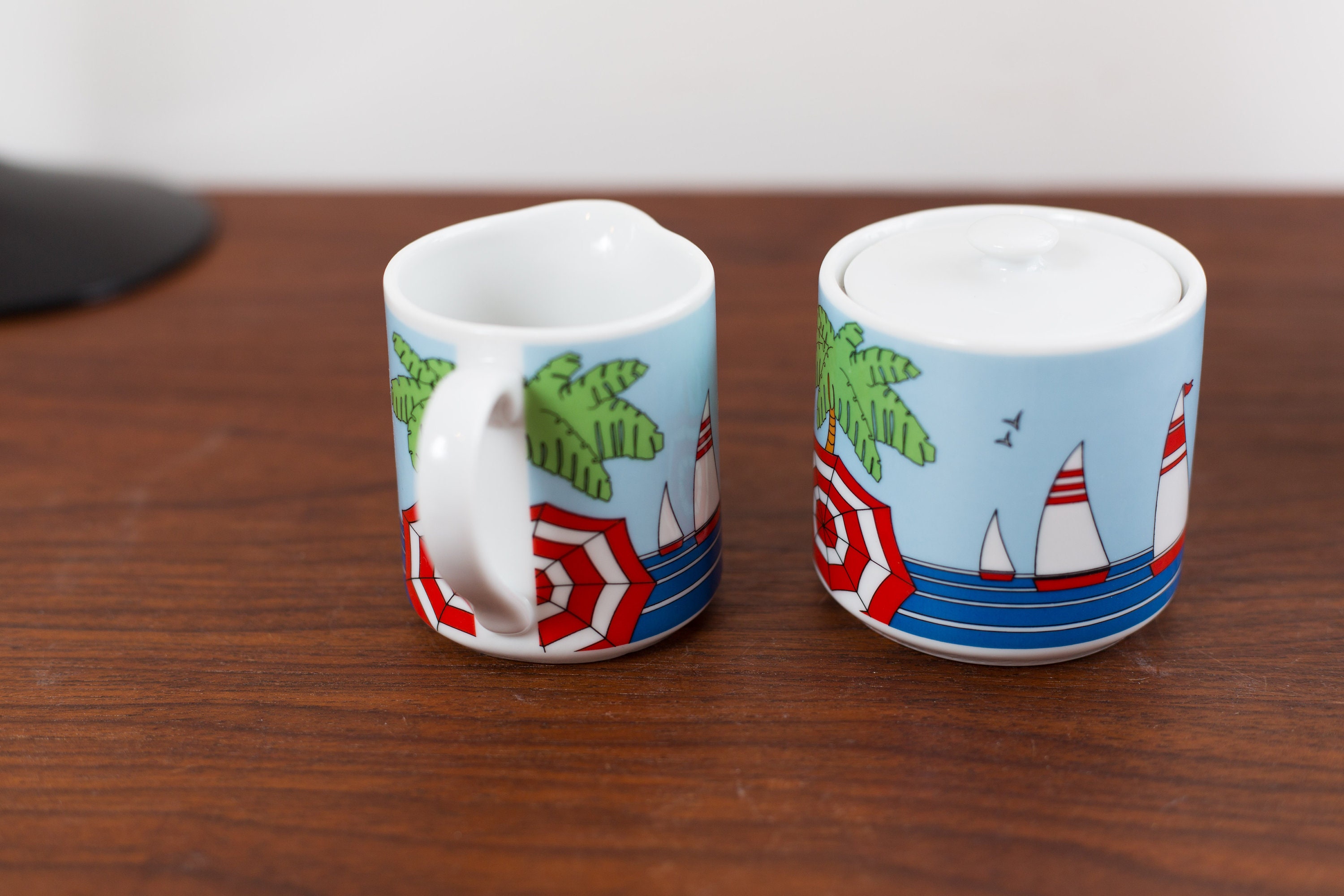 Vintage Sugar and Creamer Set Beach Scene with Umbrellas, Sailboats