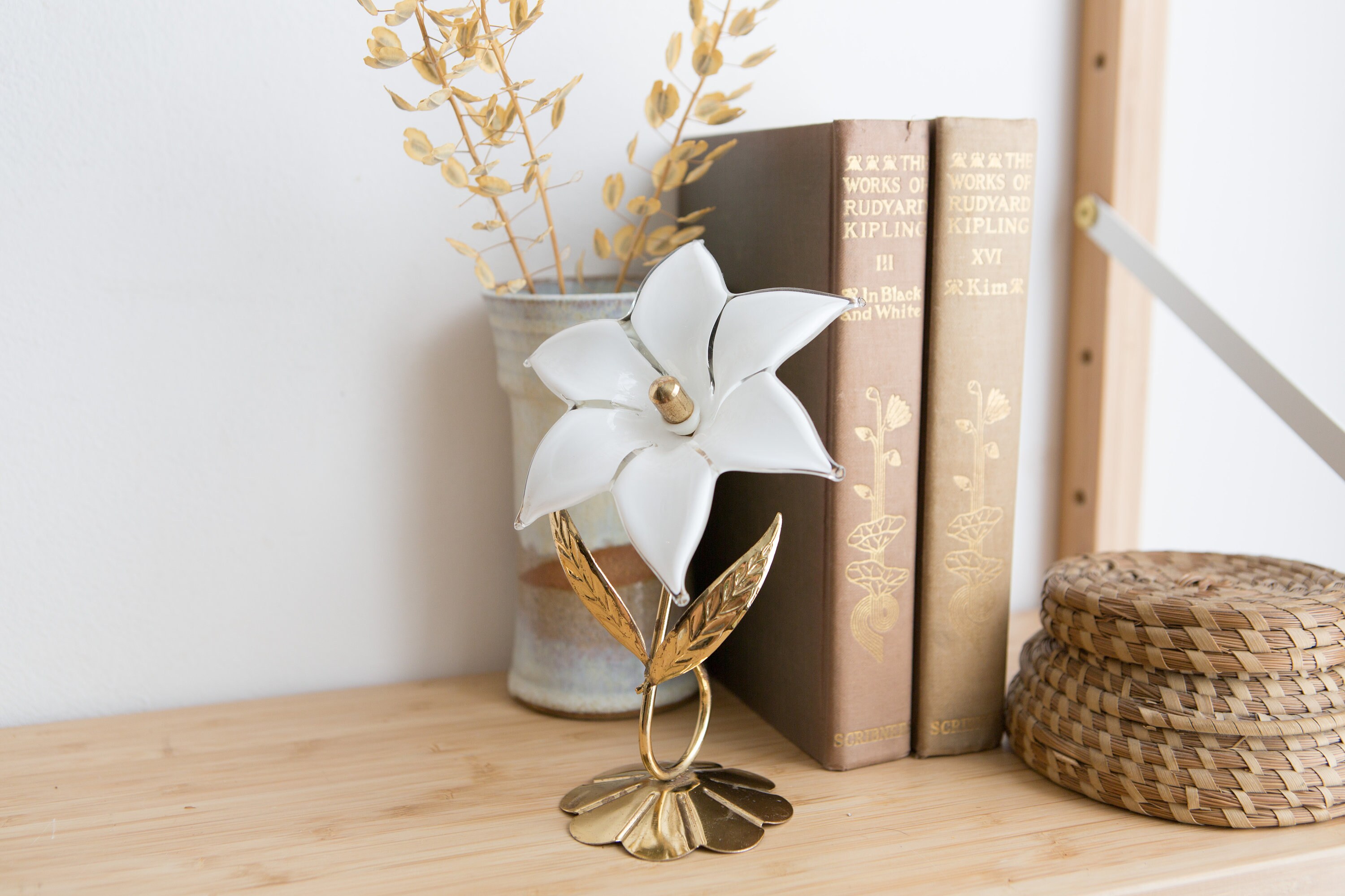 Glass Art Flower with Gold Base White Floral Glass Boho Modern Home