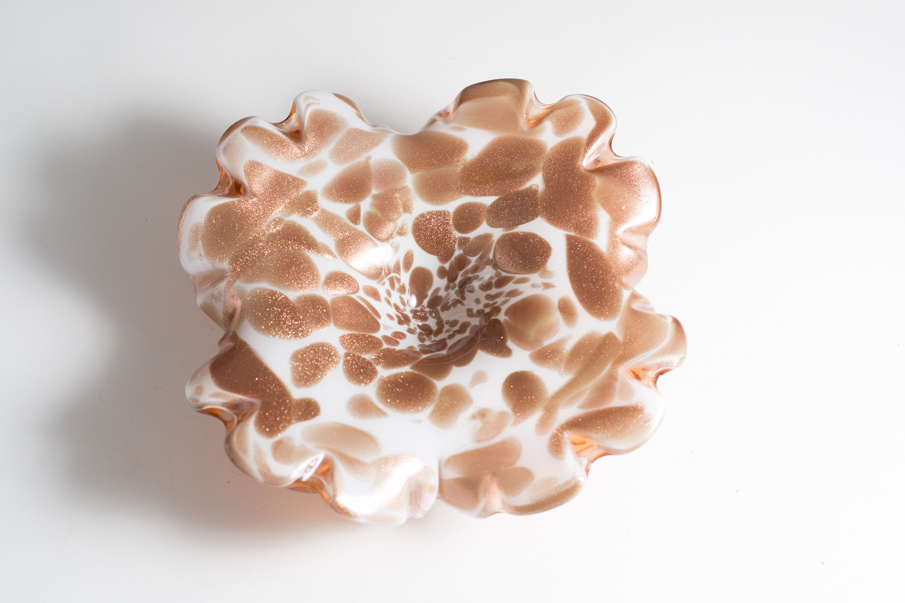 Copper Art Glass Dish Handblown Sparkly Copper and White Flower Style