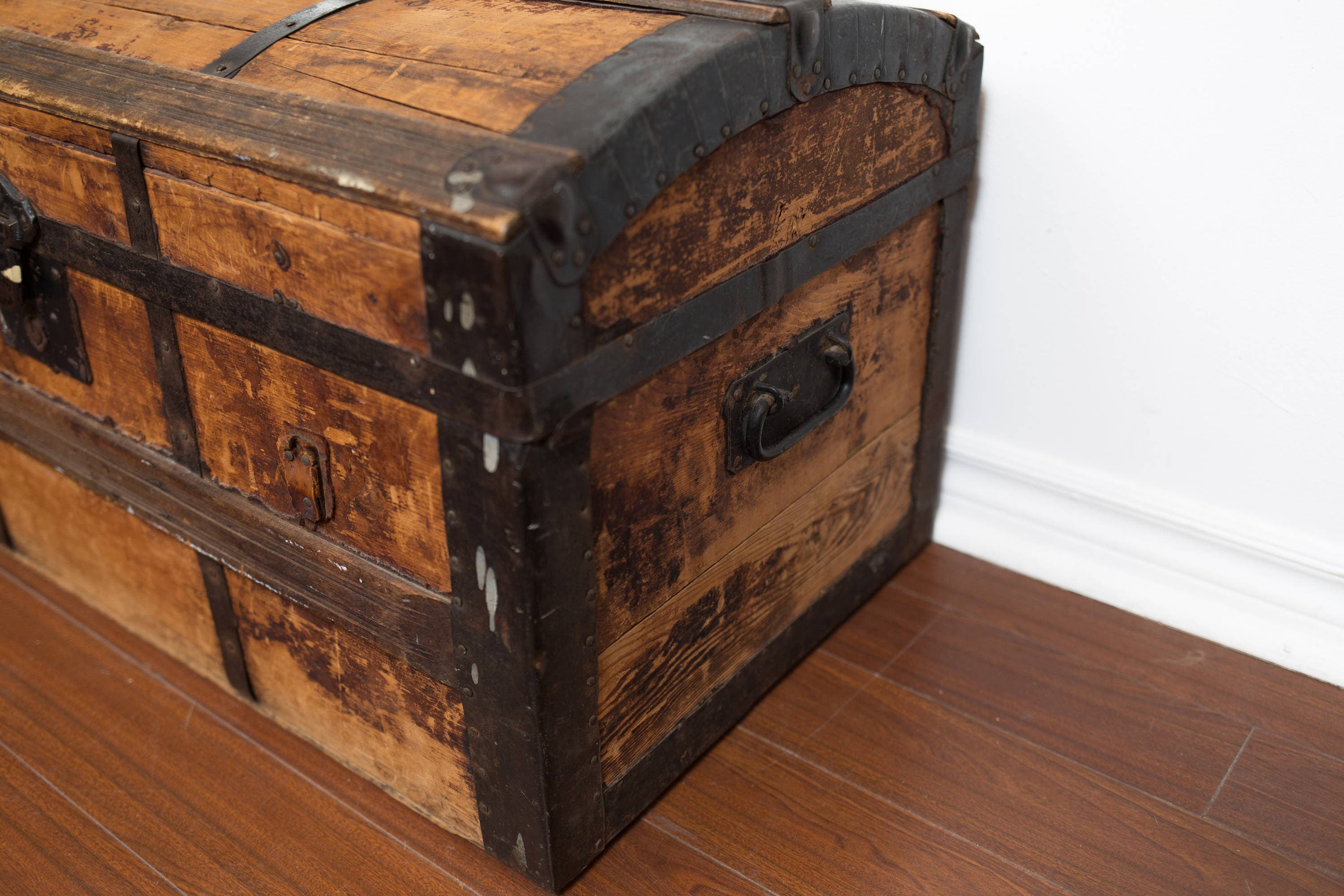 Antique Wood Chest / Rugged Primitive Rustic Wood Storage Trunk
