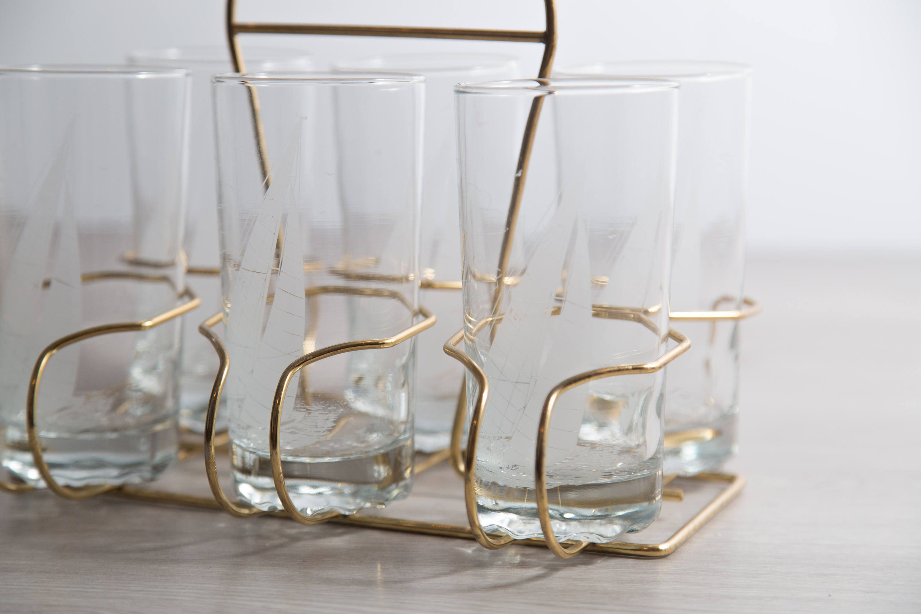 Nautical Ship Glasses / Set of 6 Vintage Etched Sailboat Beer or