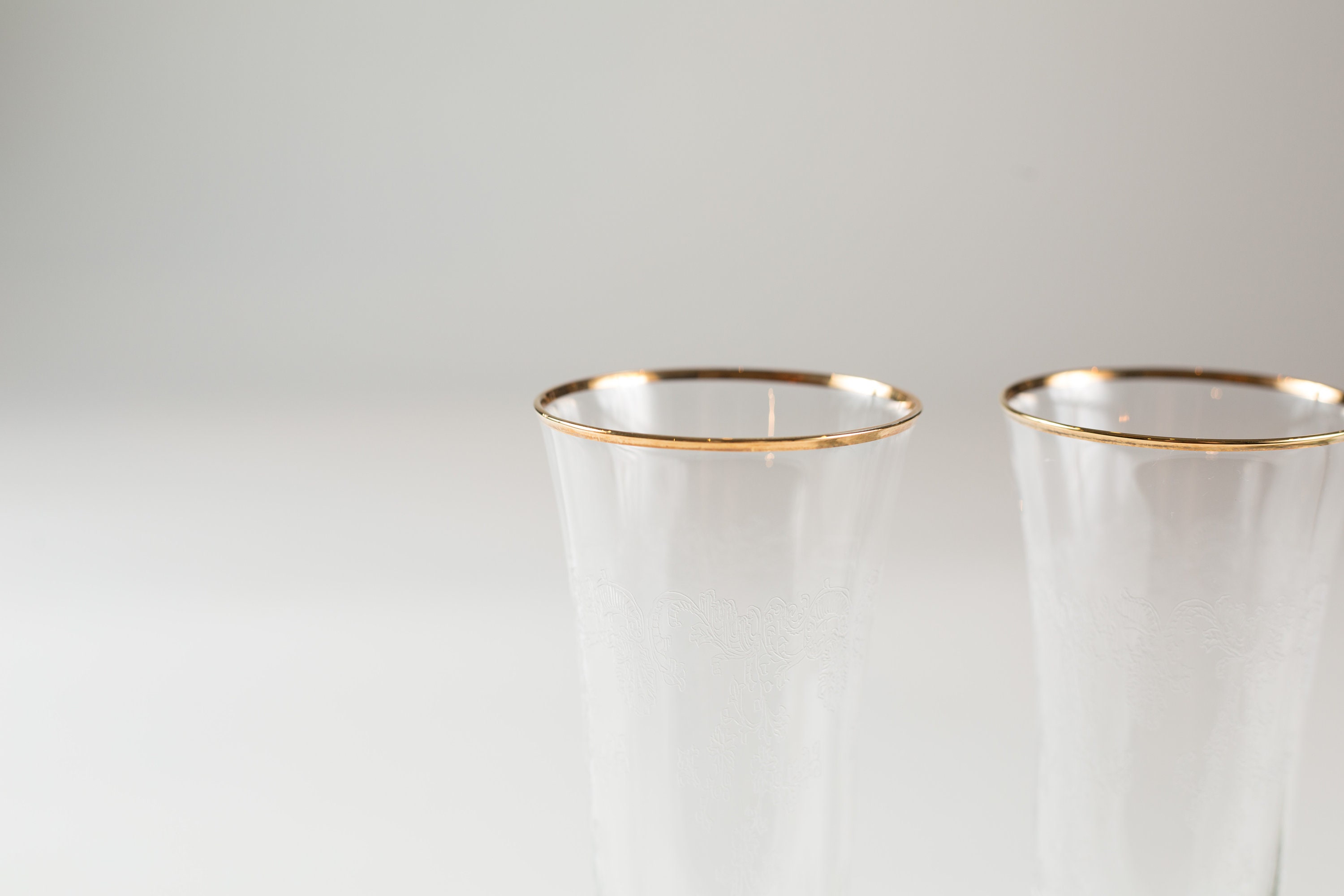 Vintage Champaign Flutes Ornate Etched Glasses with Gold Rims Mid