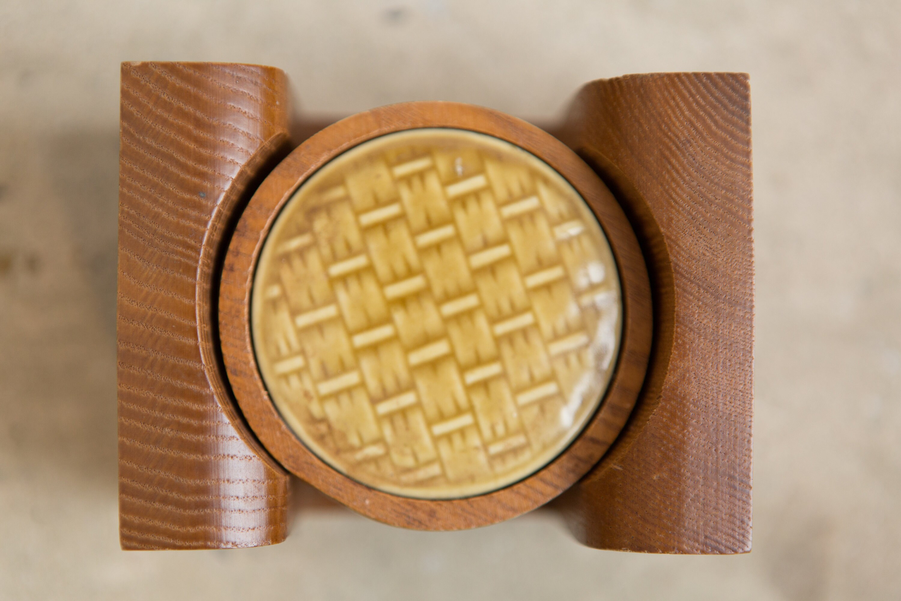 Vintage Ceramic and Wood Coasters Mid Century Modern Cocktail Coaster