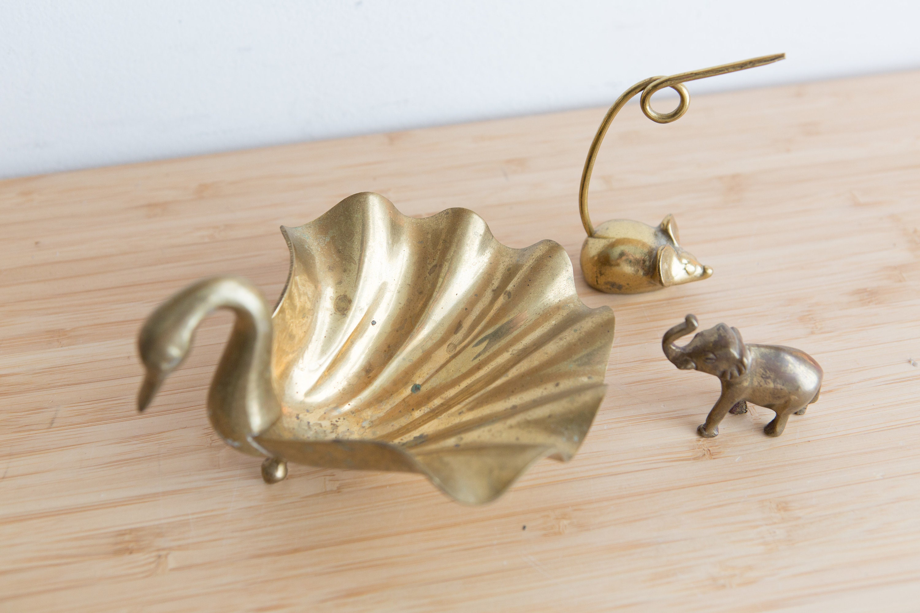 Vintage Brass Swan, Mouse and Elephant - Gold Colored Desk