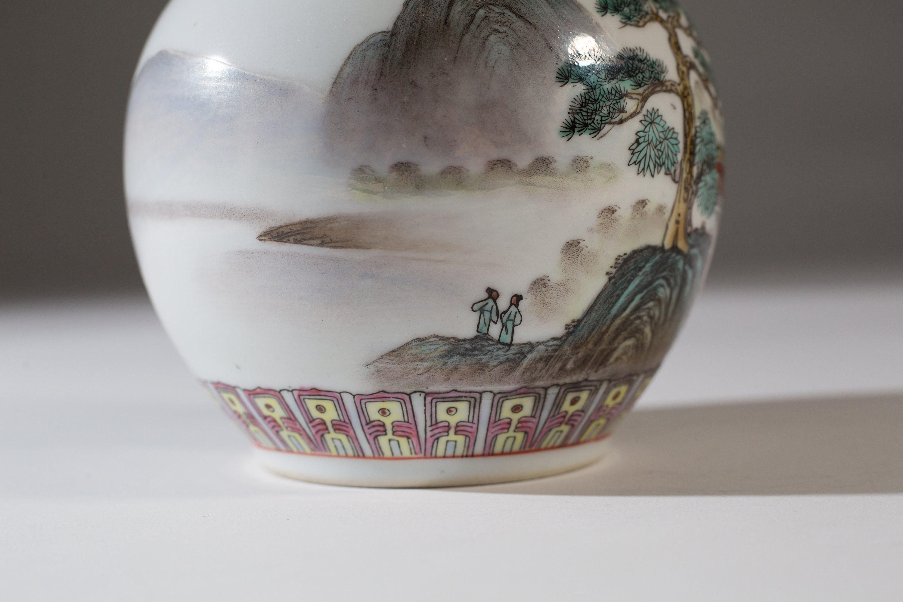 Vintage Asian Vase Fluted Bubble Vase with Trees, Flowers, Temple