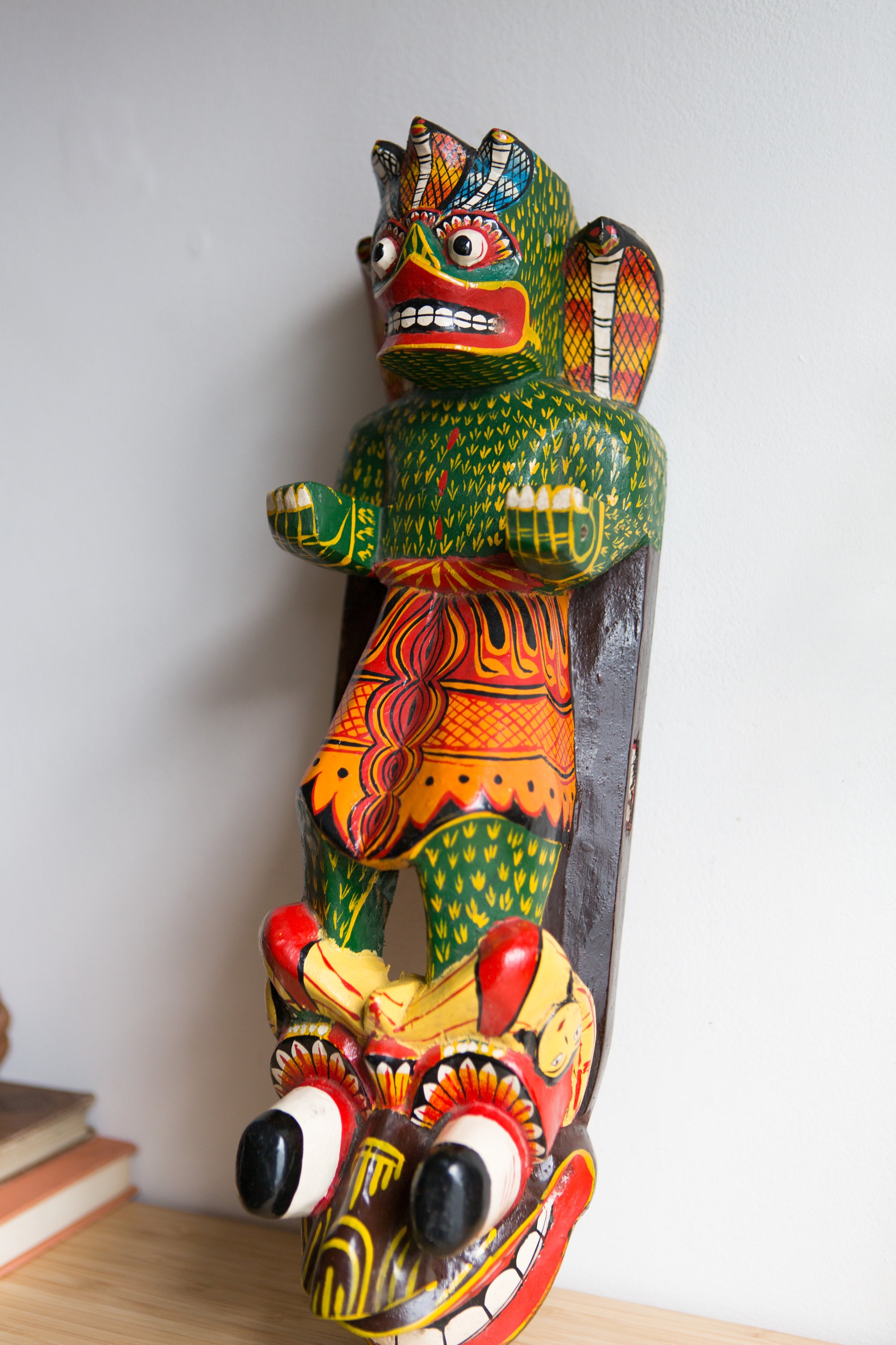 Wood Totem Wall Hanging Handcarved and Painted Sri Lankan Cobra Mask Sculpture Red and Green