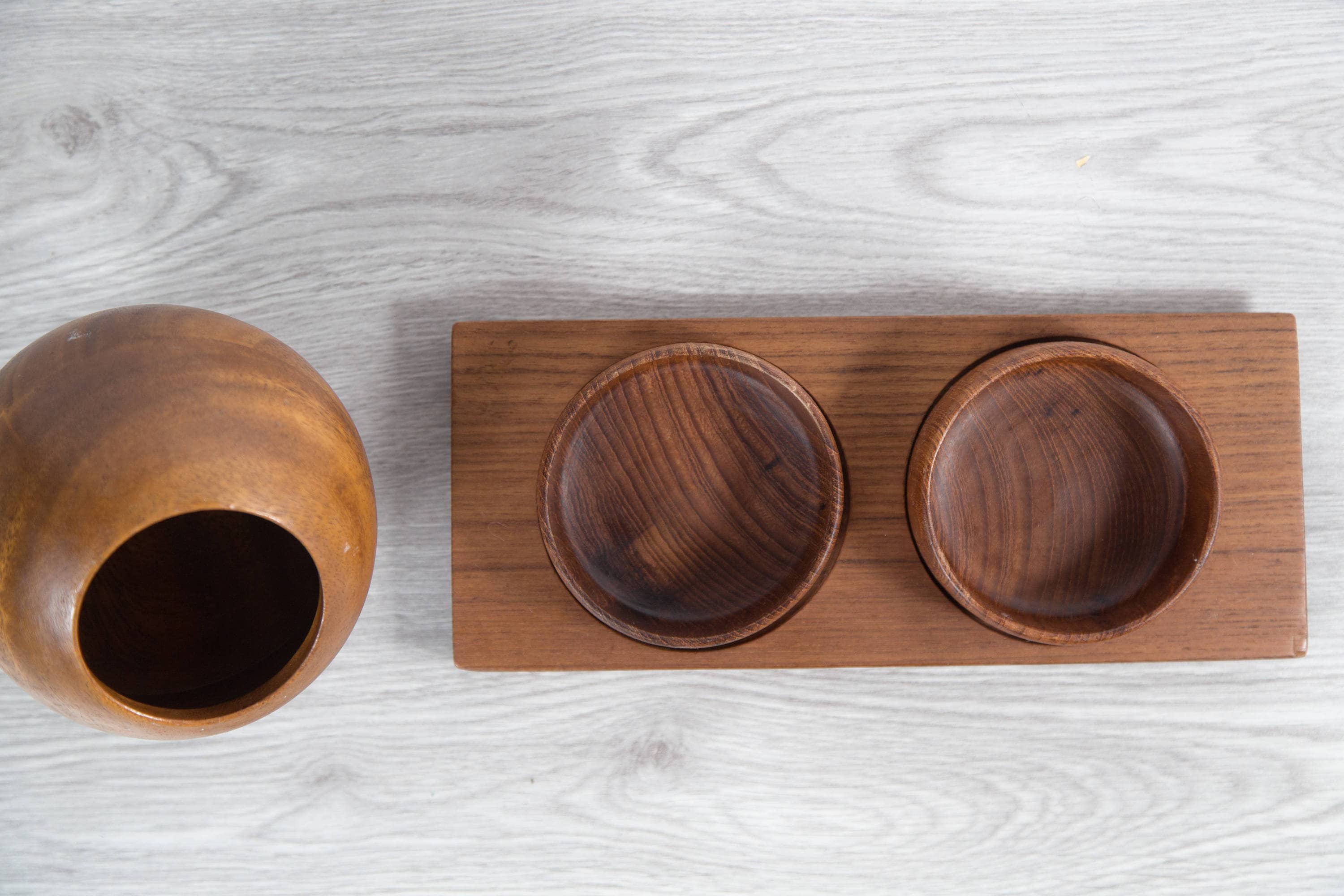 Teak Wood Condiment Set / Vintage Round Exotic Solid Wood Food Safe
