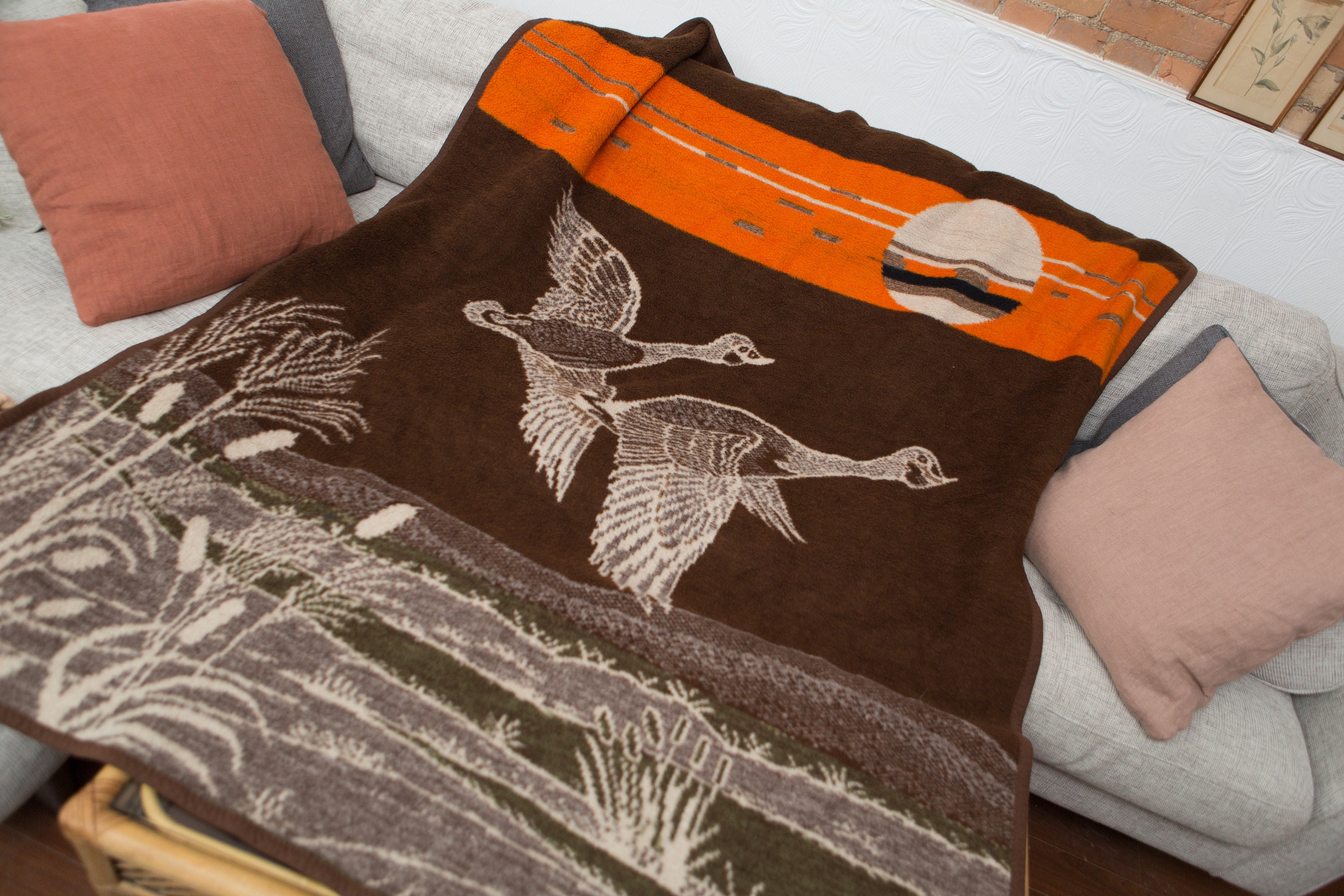 Vintage Duck Hunt Blanket Large Queen Size Brown Acrylic Flying Geese