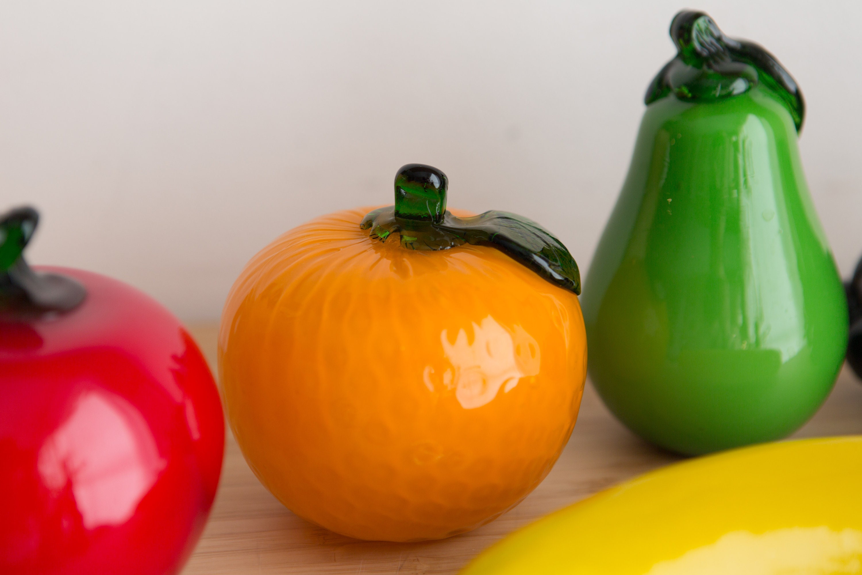 Vintage Glass Fruit Set of 6 Blown Glass Art Yellow Banana, Purple