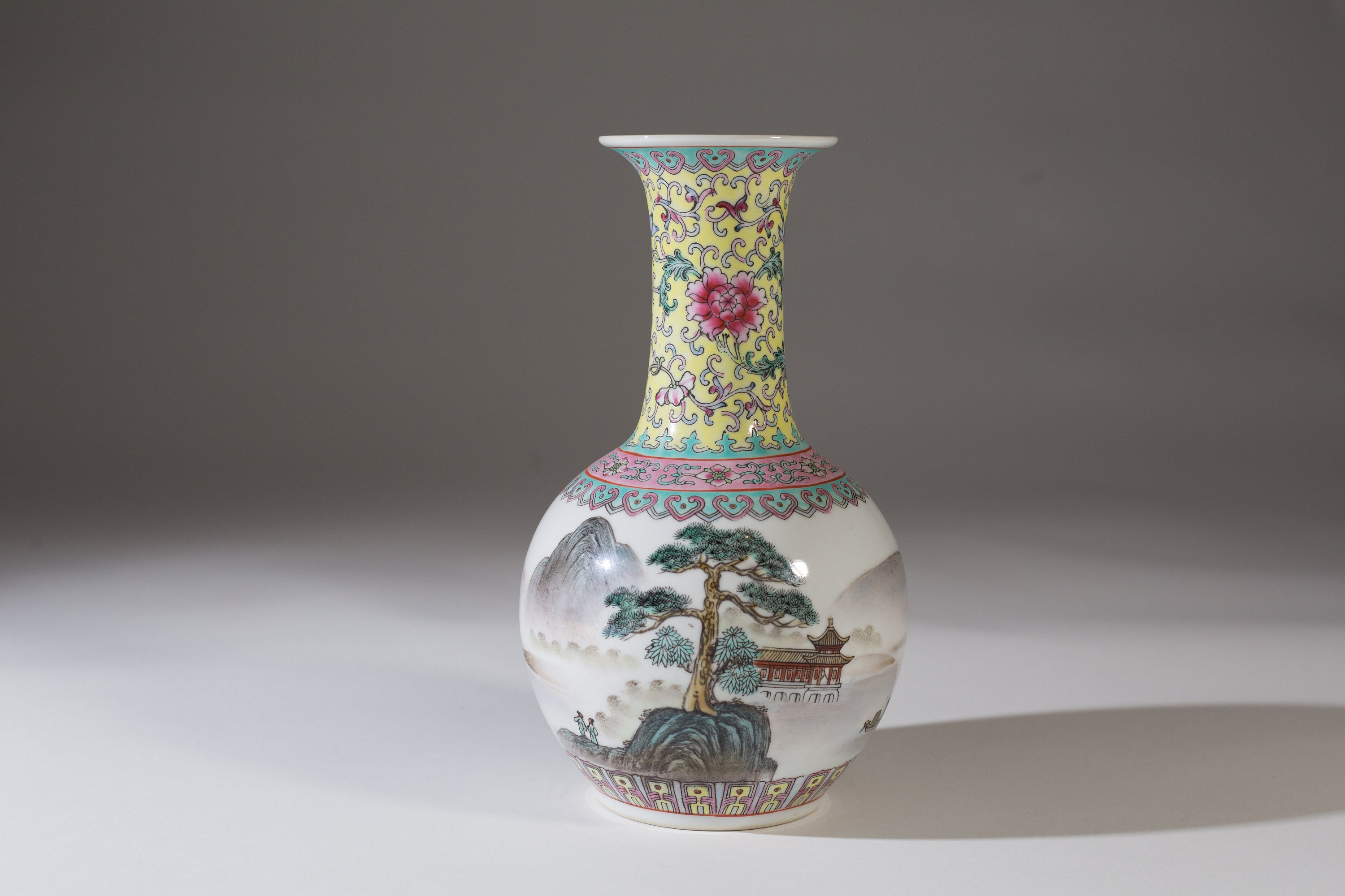 Vintage Asian Vase Fluted Bubble Vase with Trees, Flowers, Temple