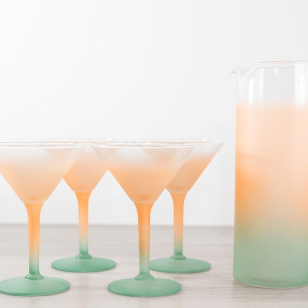 Martina glas Set van 4 / Vintage matte watermeloen Ombre Cocktail glazen karaf en roer stok / kleurovergang oranje en groene bril