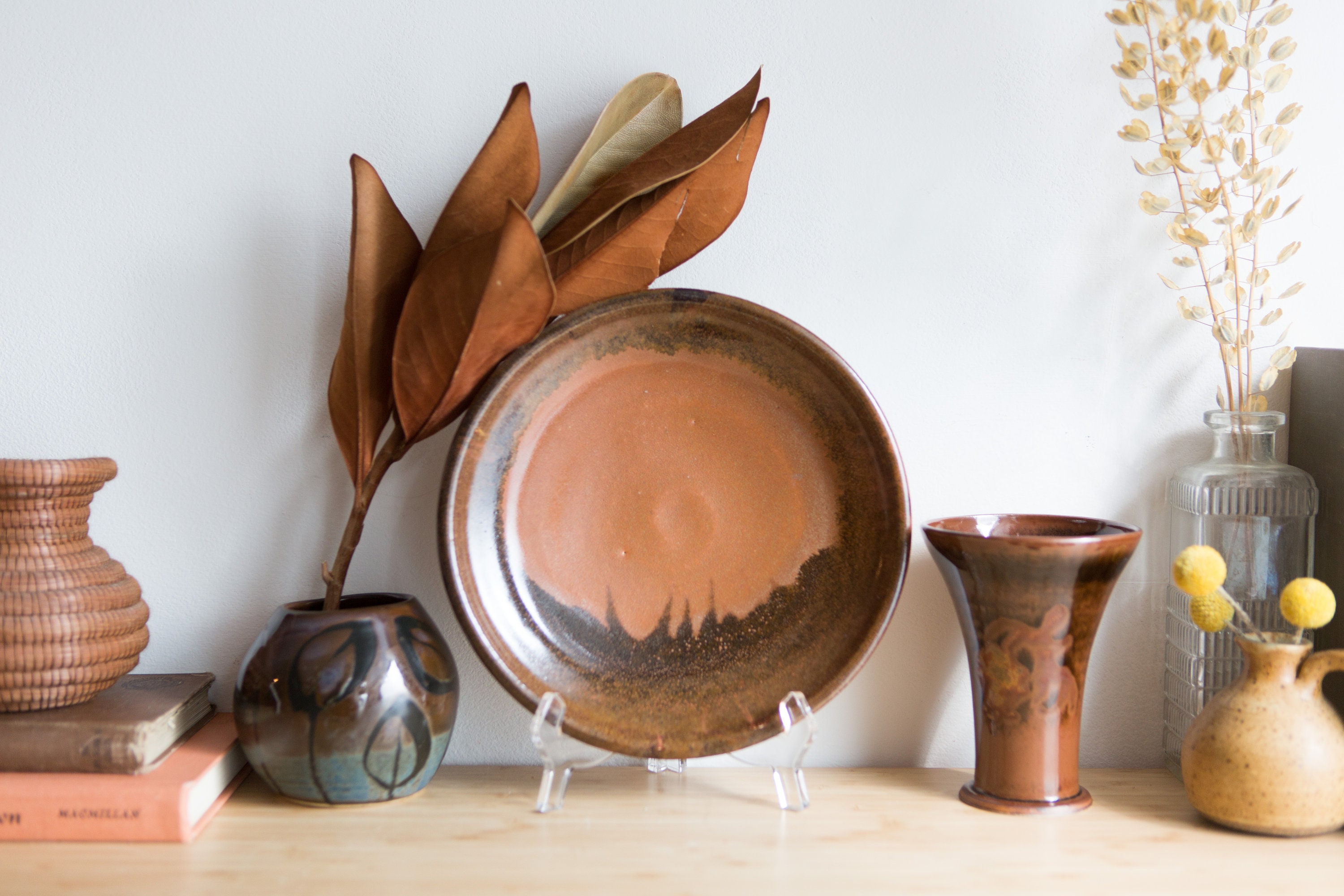 3 Vintage Glazed Ceramics Brown Bowl, Vases Signed by Artists
