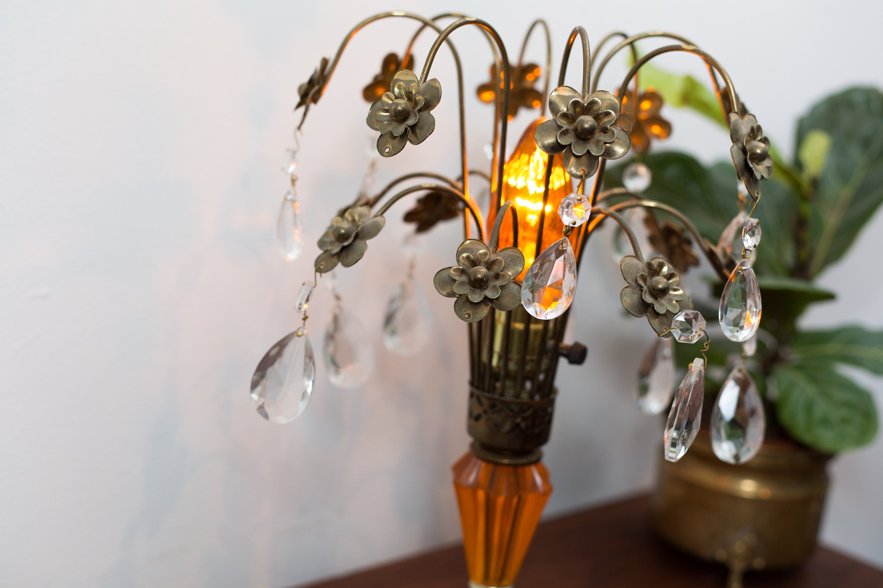 Orange Gypsy Lamp Glass, Marble and Metal Bedside Table Lamp with