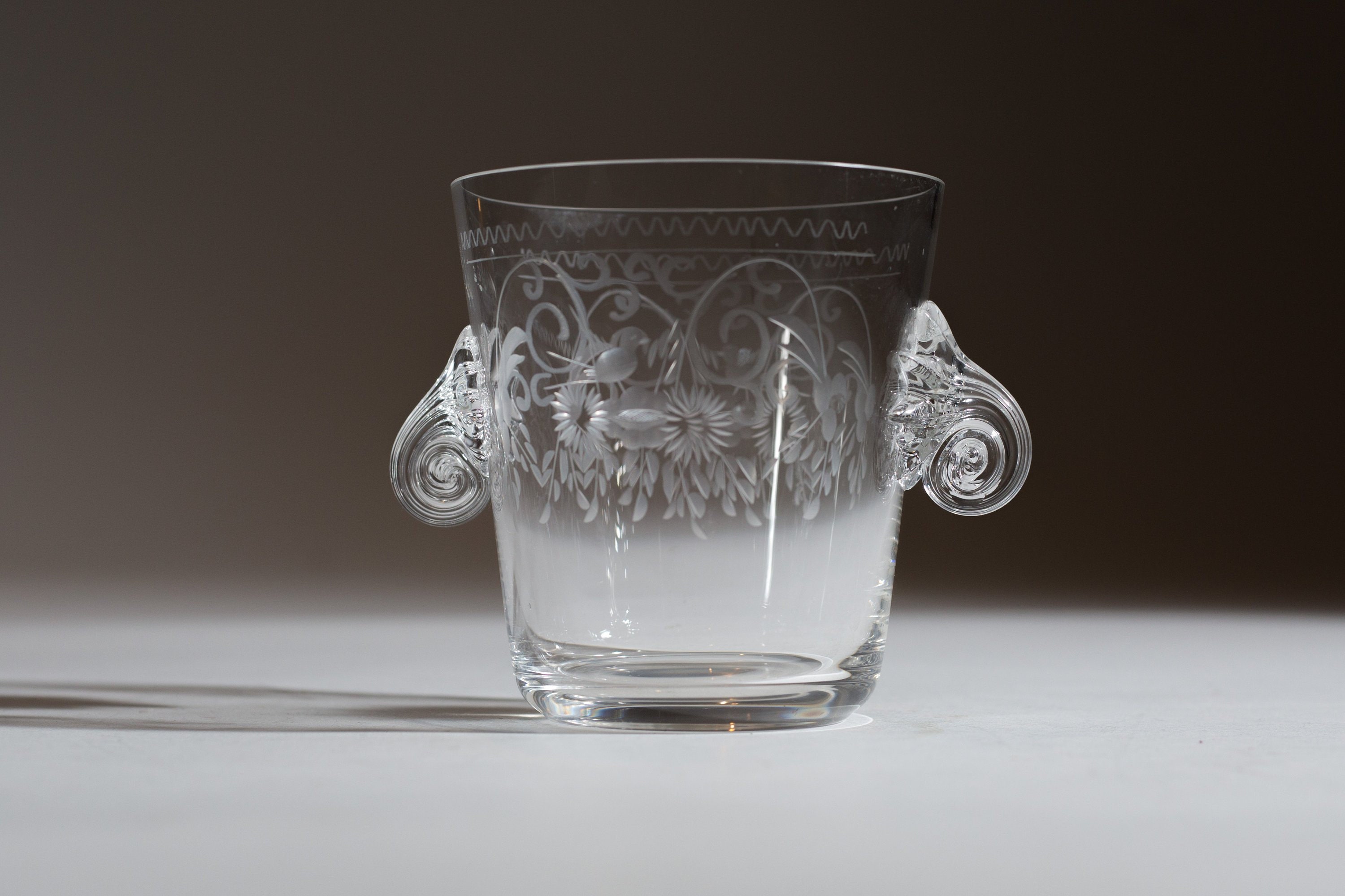 Vintage Ice Bucket Floral Etched Crystal Glass Ice Bucket with Spiral
