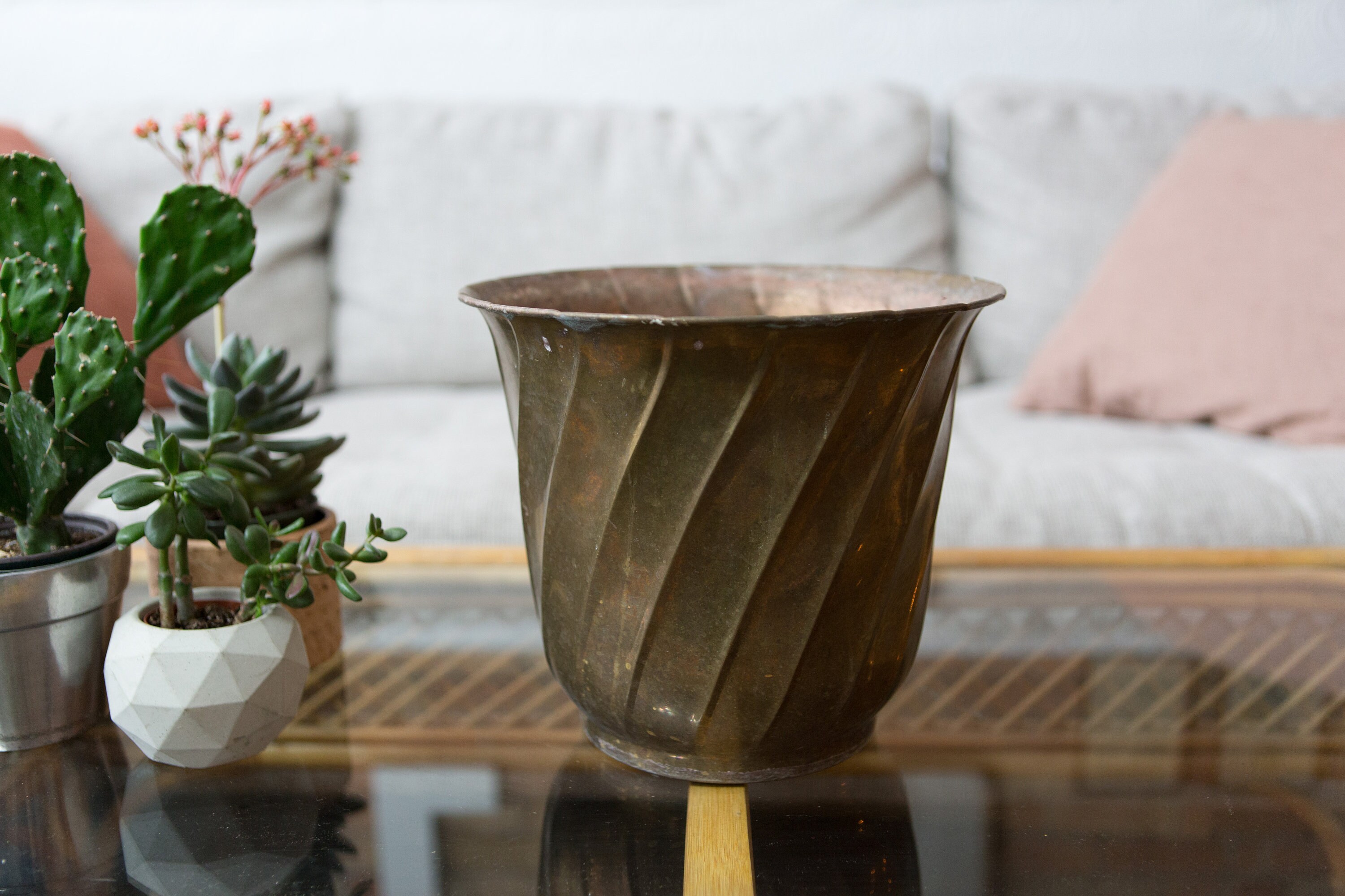 Vintage Brass Planter Large Round Metal Pot for Cactus, Plants, Herbs