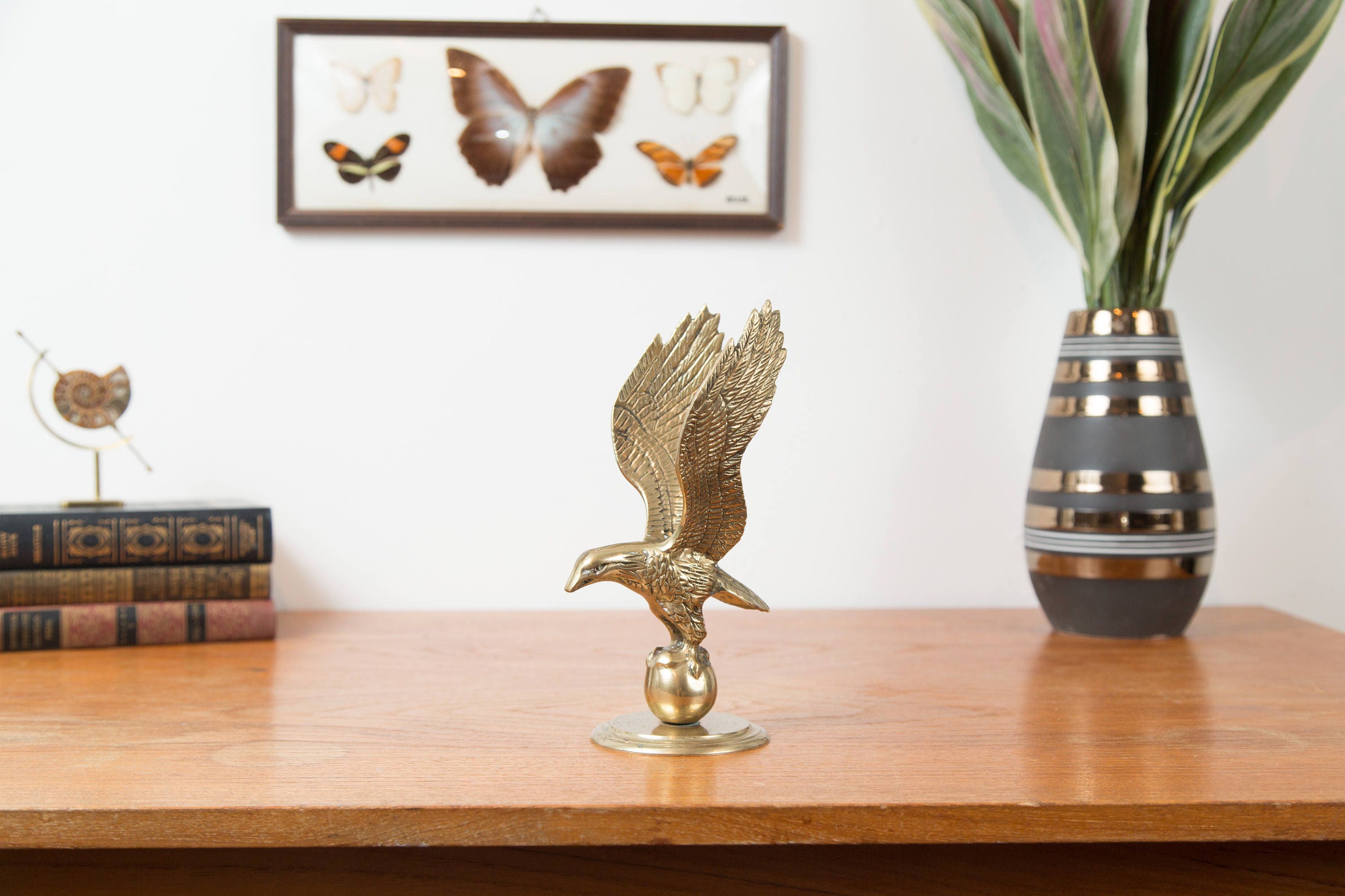 Vintage Brass Eagle / Gold Colored Desk Figurine / Hunting Eagle with