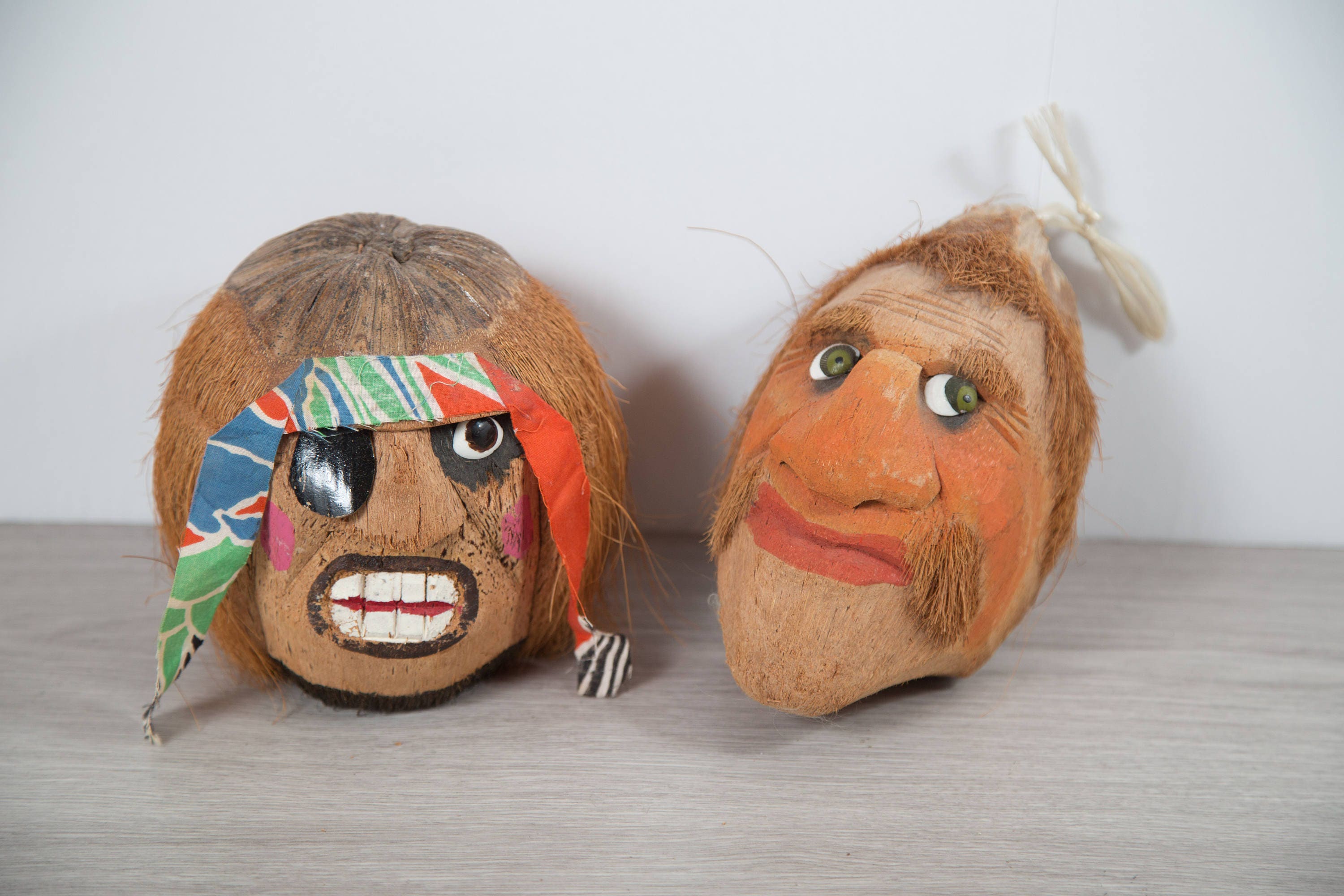 Vintage Coconut Pirate Heads / Pair of Tropical Hanging Carved Coconut