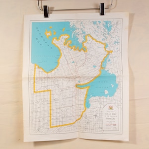 Feuille de route vintage du comté de Simcoe datée de 1962 - Baie Georgienne, Orillia, Midland, Collingwood Ontario Canada
