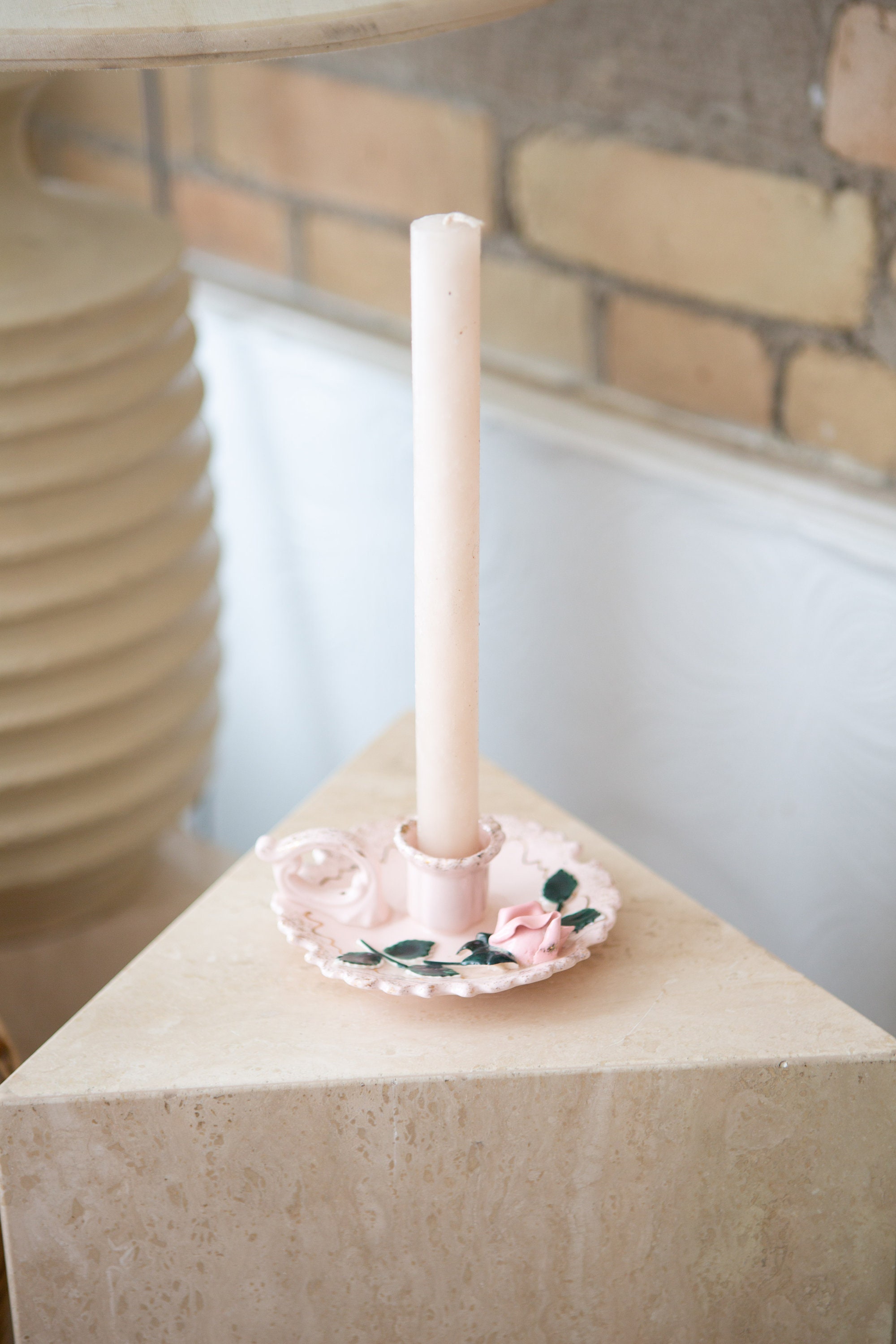 Vintage Ceramic Candlestick Holder Pink Glaze Floral Cottagecore Decor Made in Japan.