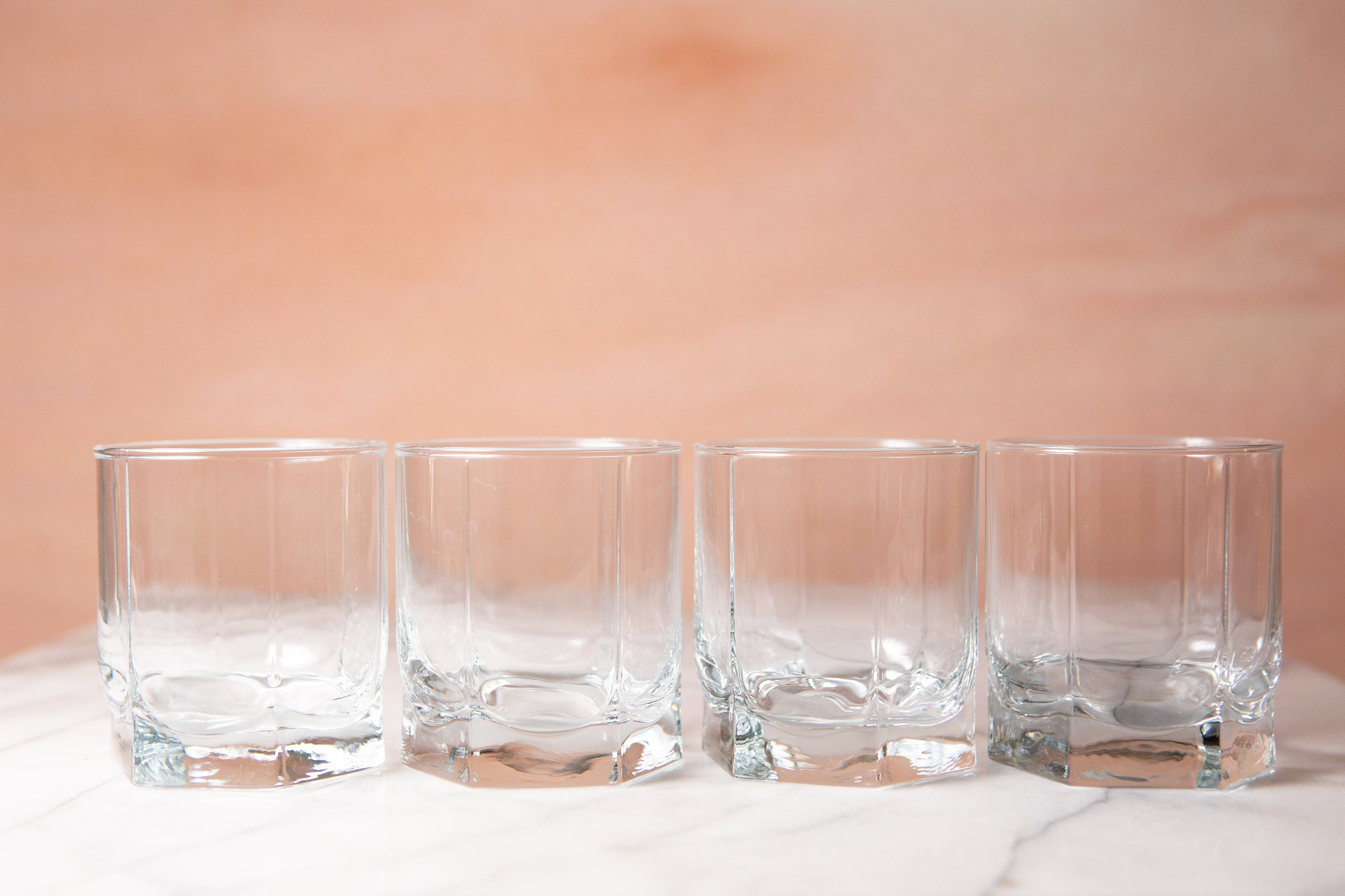 4 Whiskey Glasses Vintage Hexagon Shaped Cocktail / Lowball / Tumbler