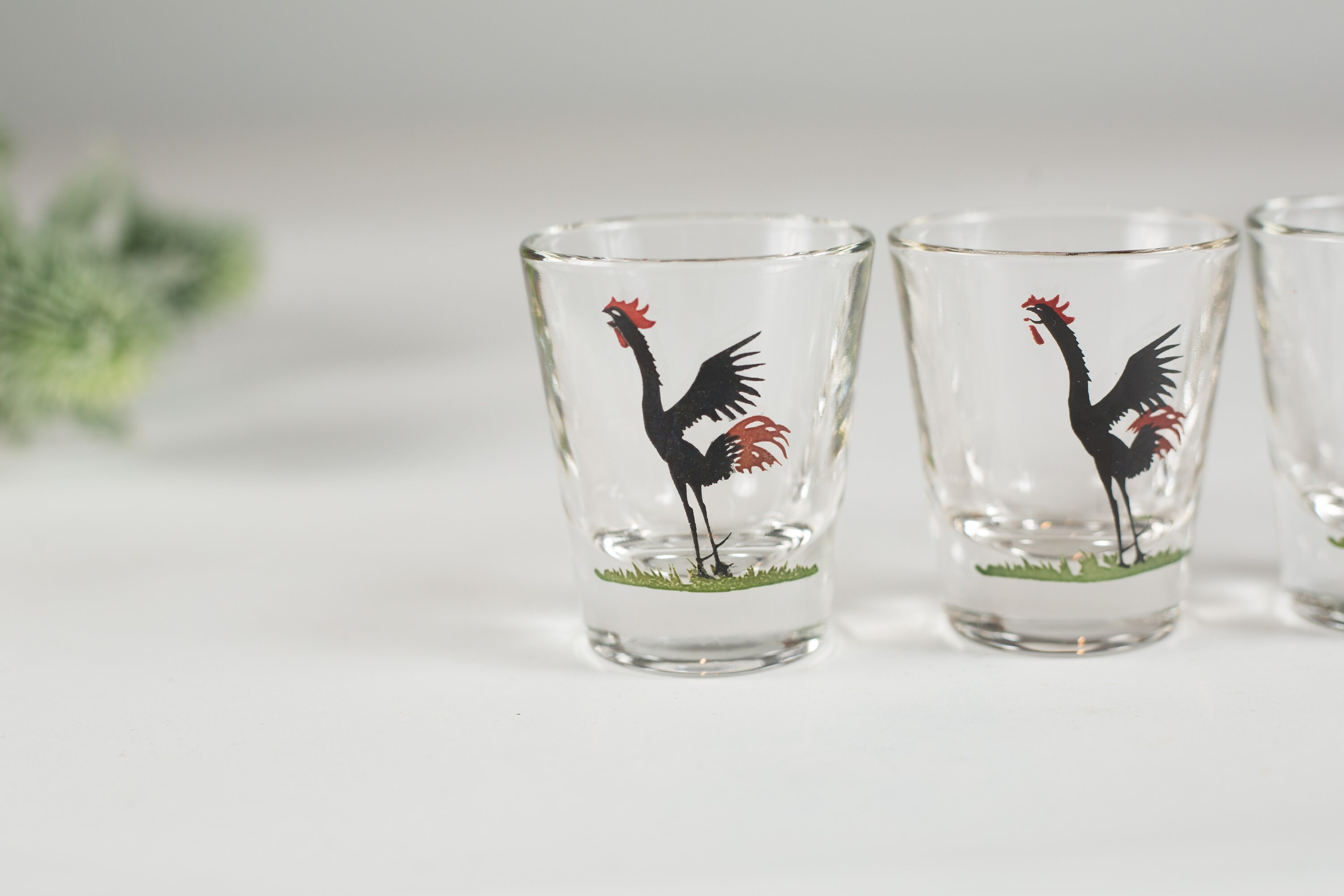 Vintage Rooster Shot Glasses Set of 4 Game Bird Glass Black and Red