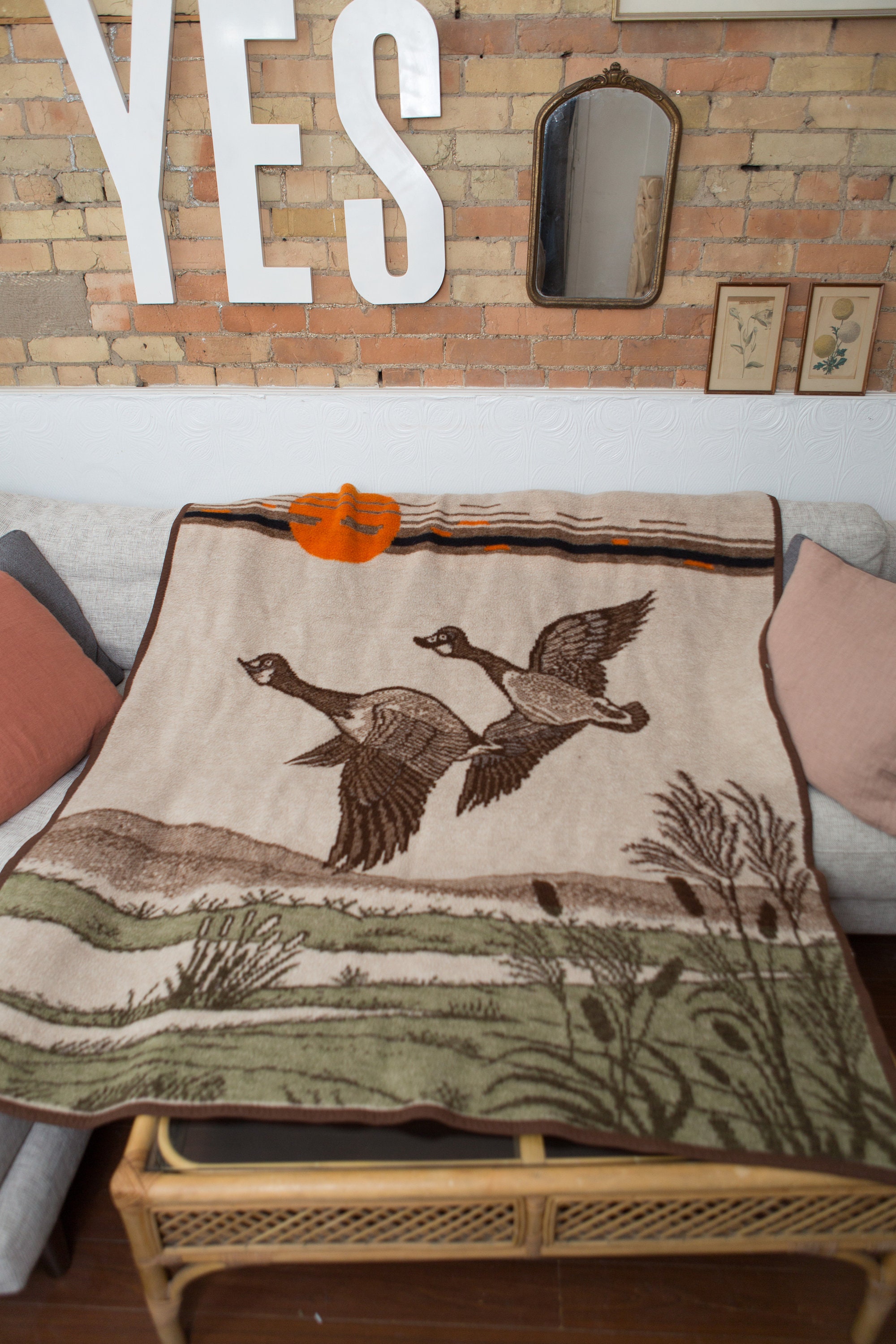 Vintage Duck Hunt Blanket Large Queen Size Brown Acrylic Flying Geese