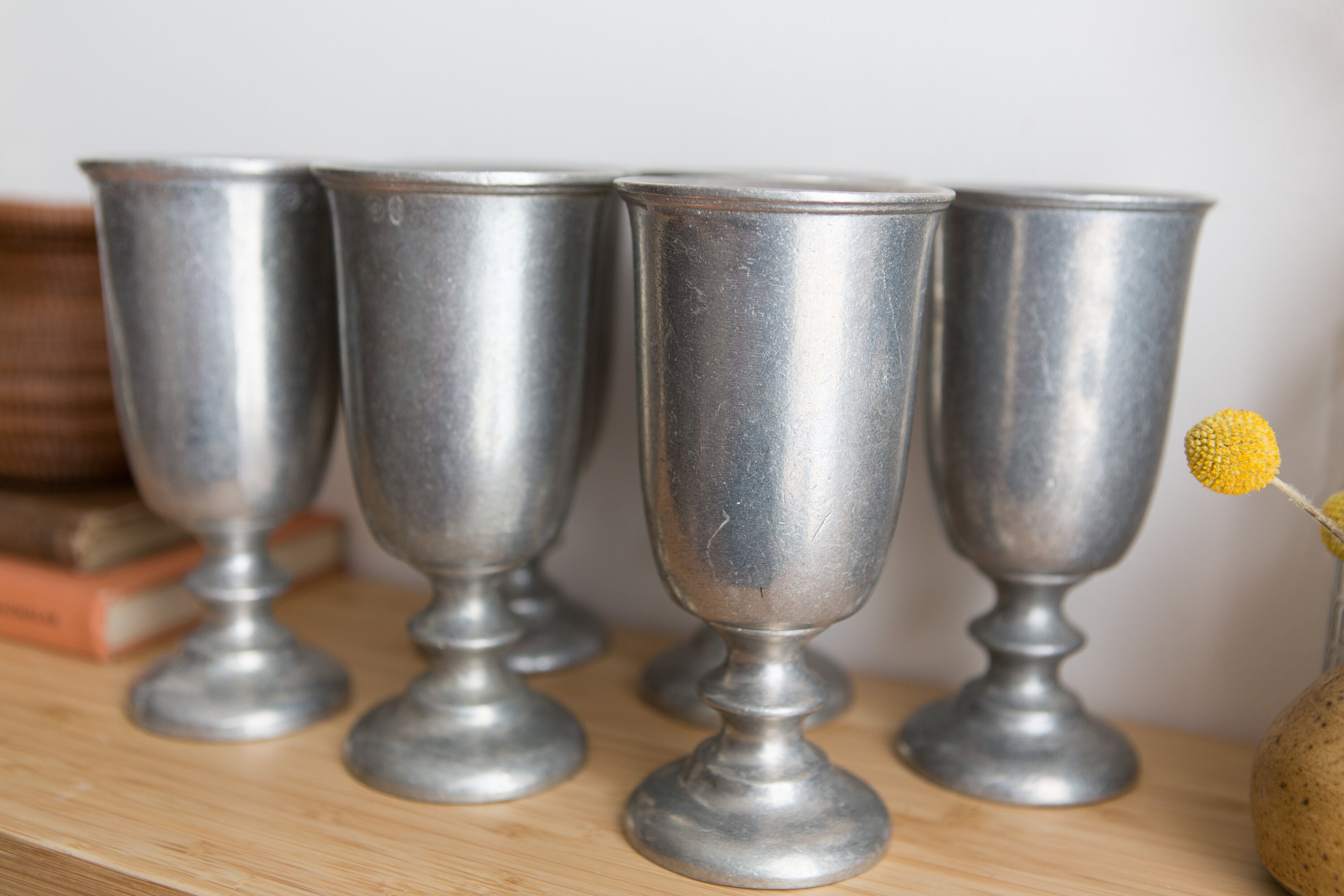 6 Pewter Wine Goblets 12oz American Tudor Style Souvenir Beer Glasses