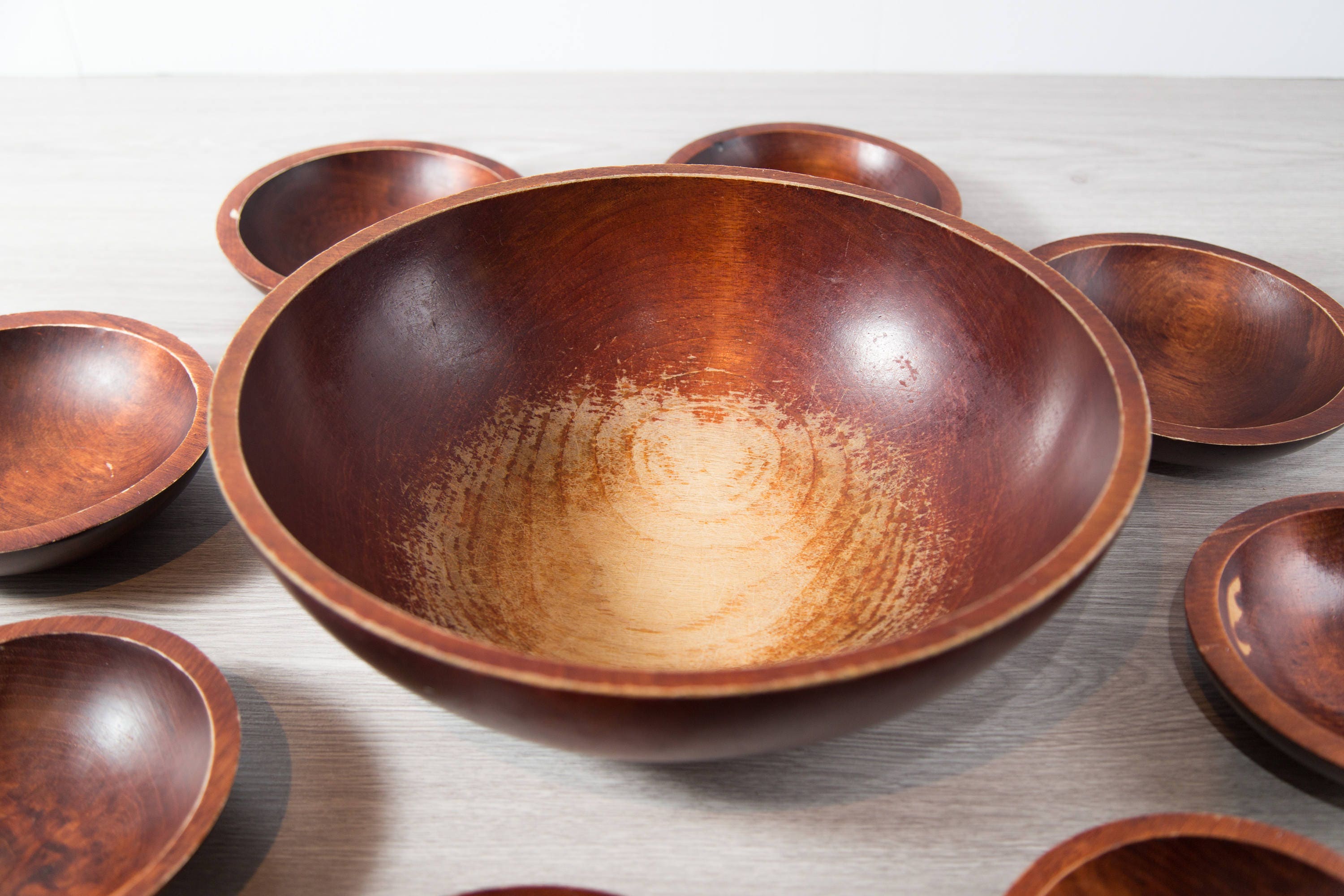 Wood Salad Bowls / 9piece Set of 1960's Vintage Solid Maple Wood