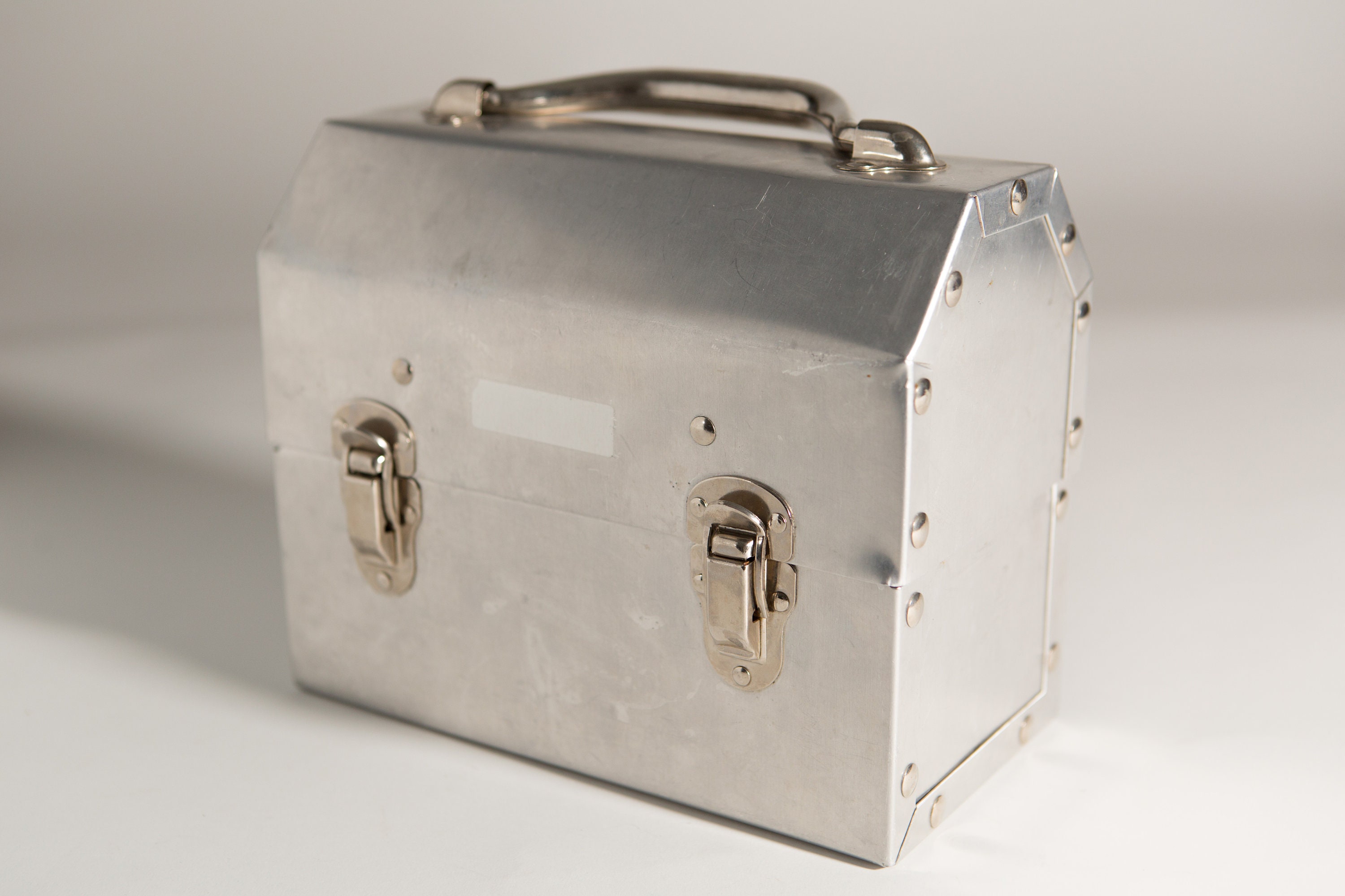 Original Miners Lunch Box Silver Coloured Metal Hard Shell Vintage