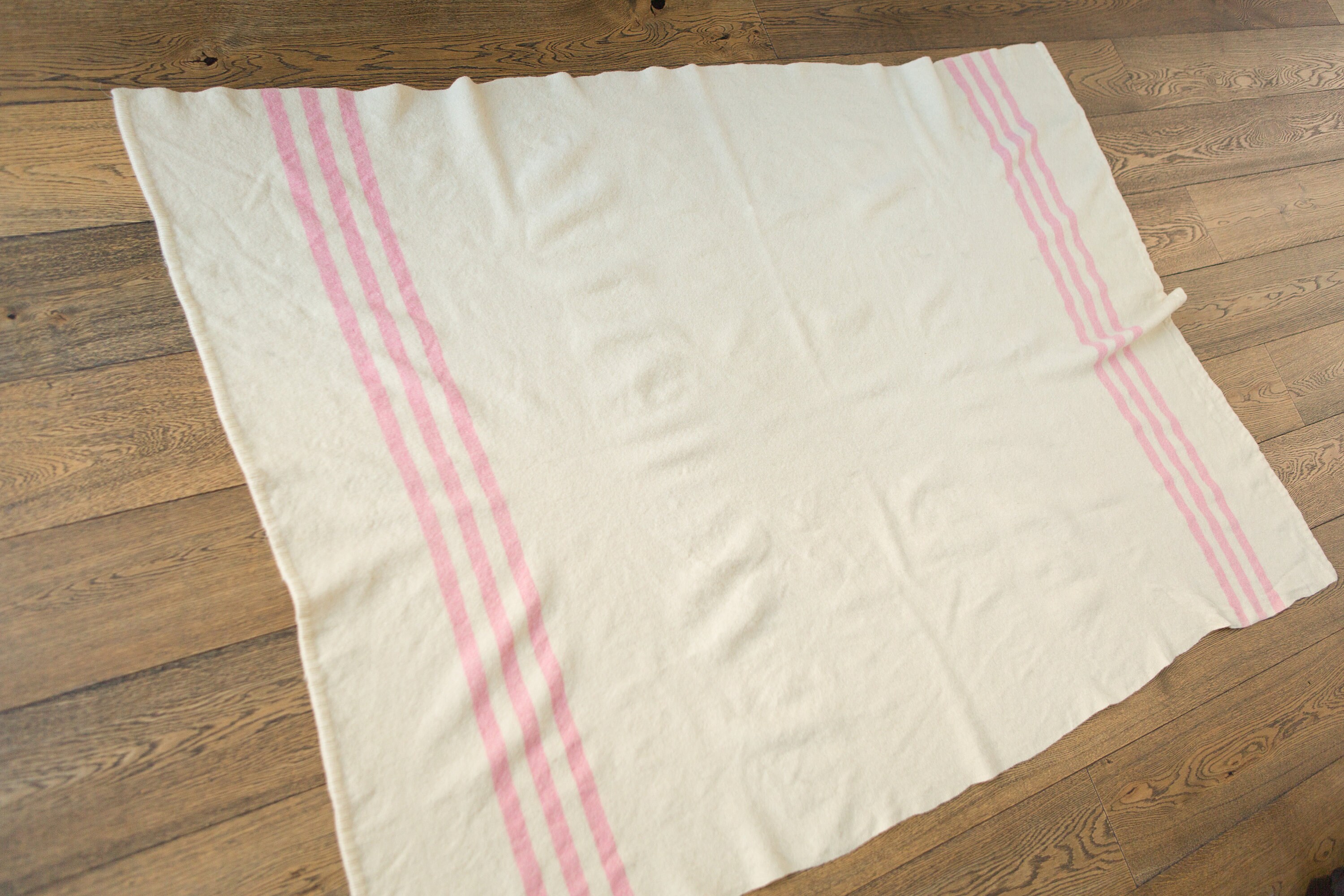 Vintage Striped Blanket Cream and Pink Wool Pinstripe Throw Pastel