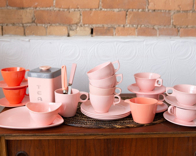 Vintage Pink Malamine Cups, Saucers, Canister, Plates