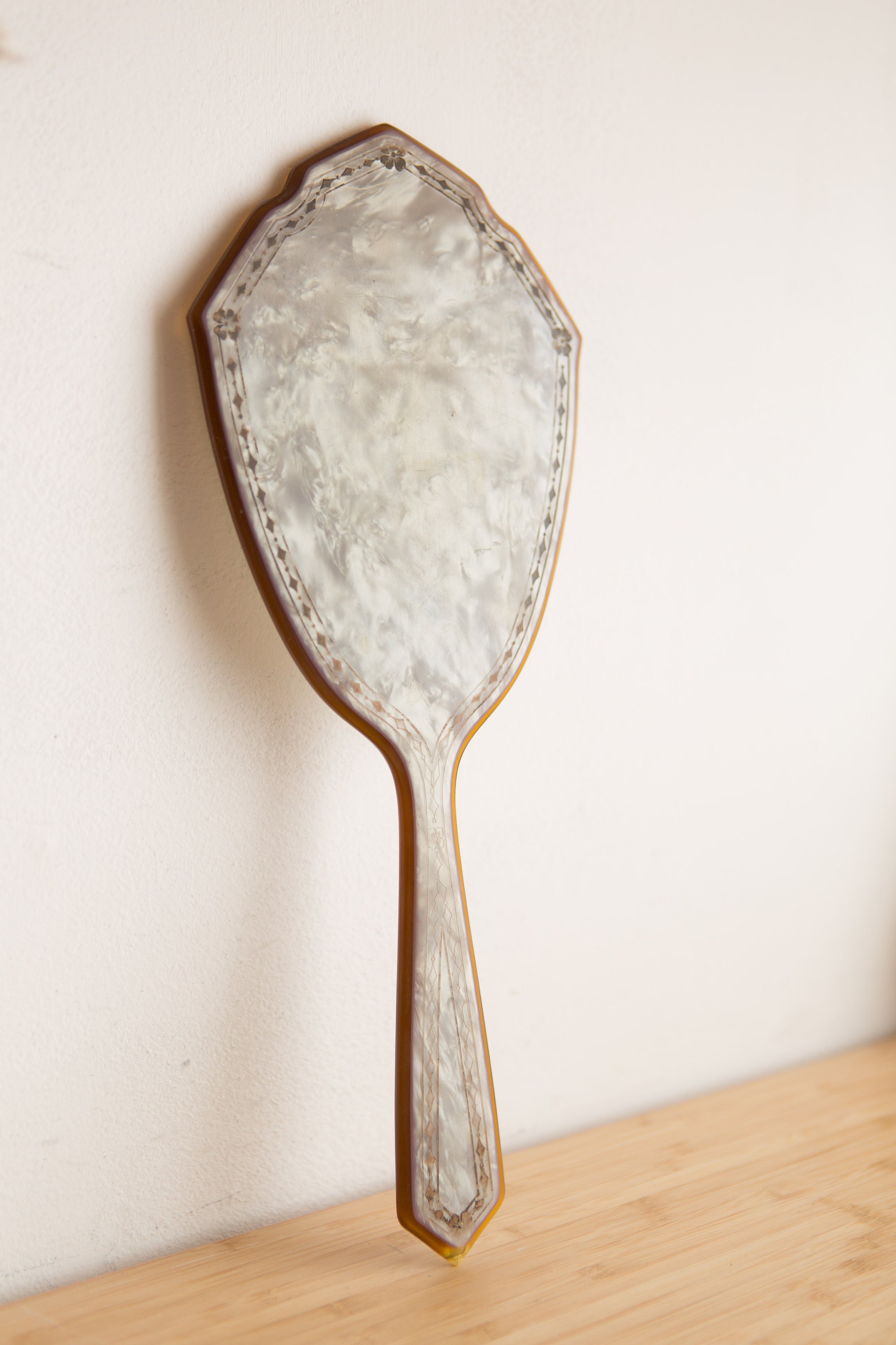 Vintage Vanity Hand Mirror Grey Marbled Floral Plastic Victorian