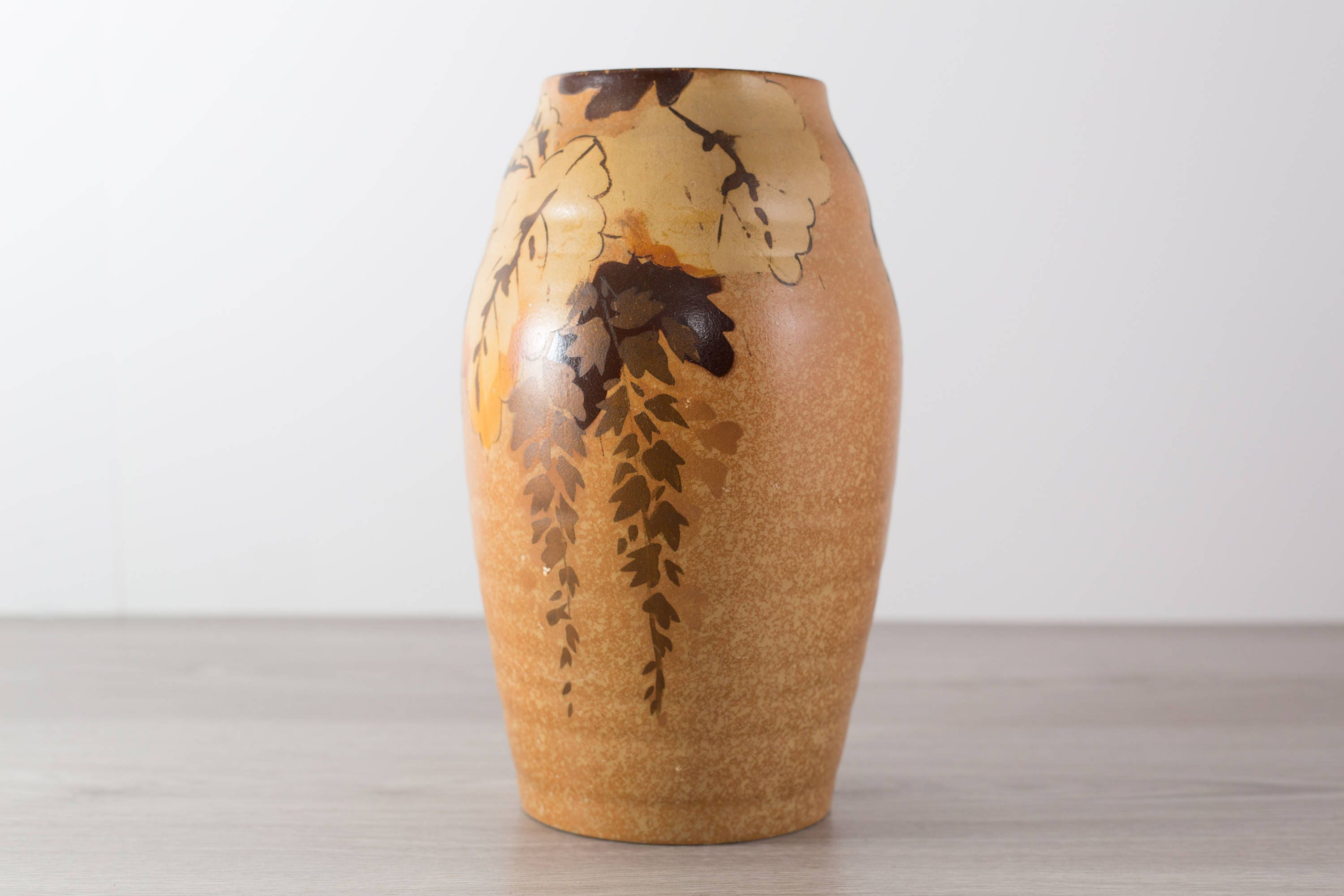 Vintage Decorative Vase / Large Art Nouveau Hand Painted Brown Leafy