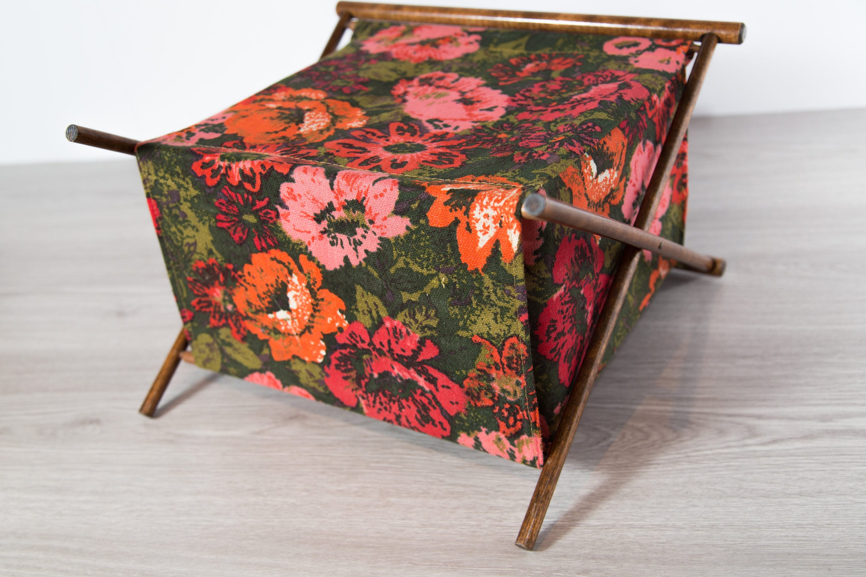 Vintage Knitting Basket / Foldup Magazine Rack / Ornate Floral Fabric