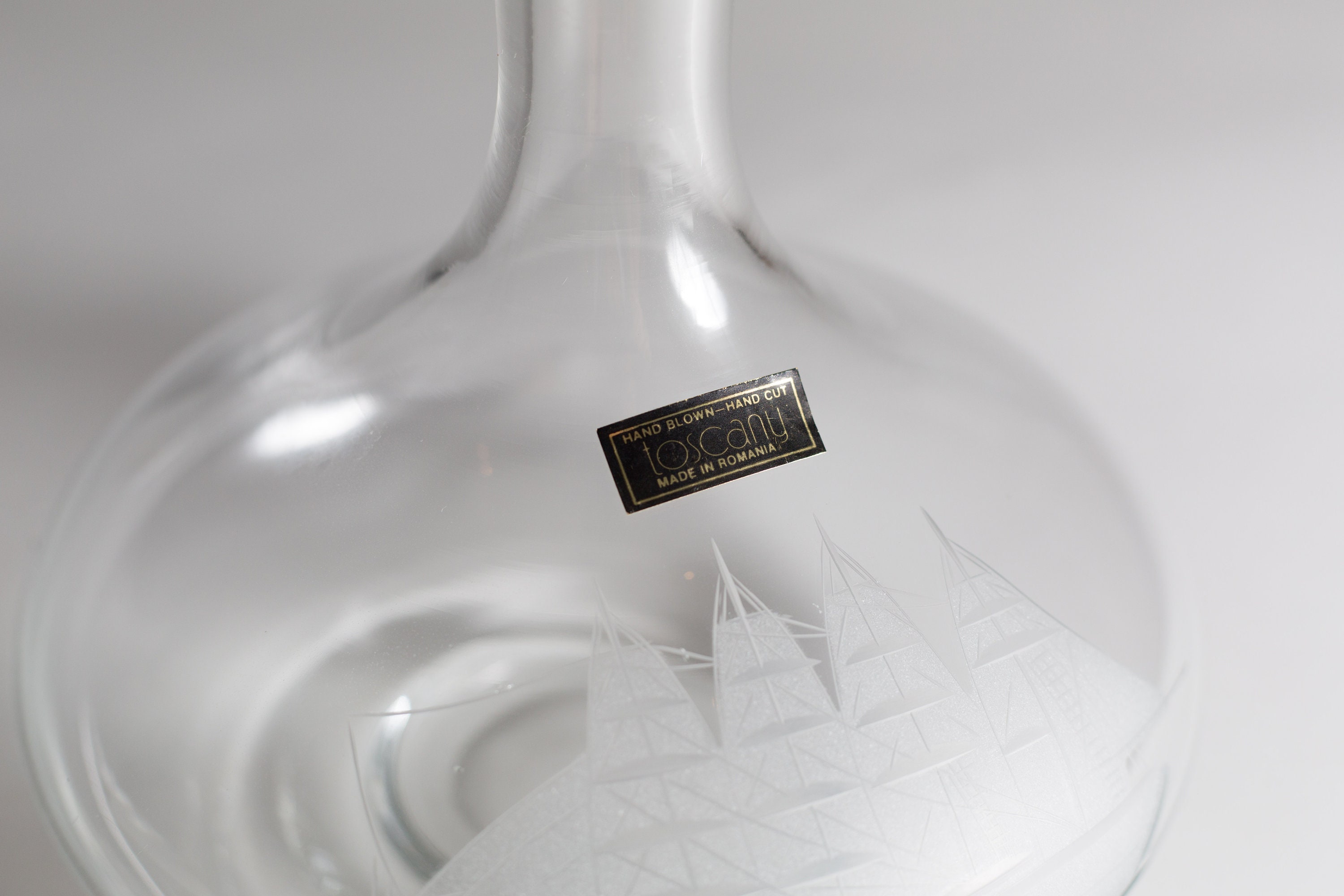 Crystal Glass Decanter Nautical Sailing Ship Vintage Etched Glass