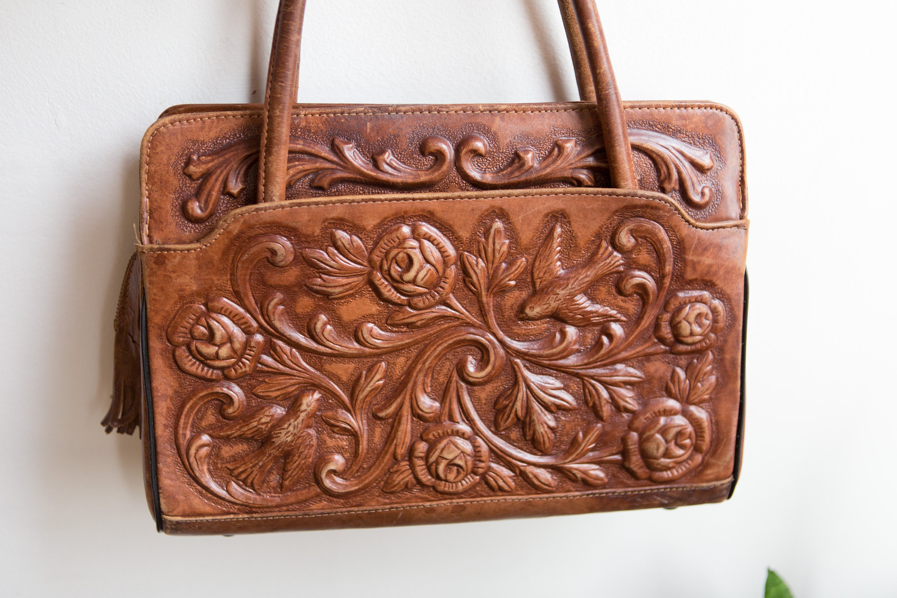 Brown Leather Purse Vintage 1960 s Mexican Tooled Leather Boho