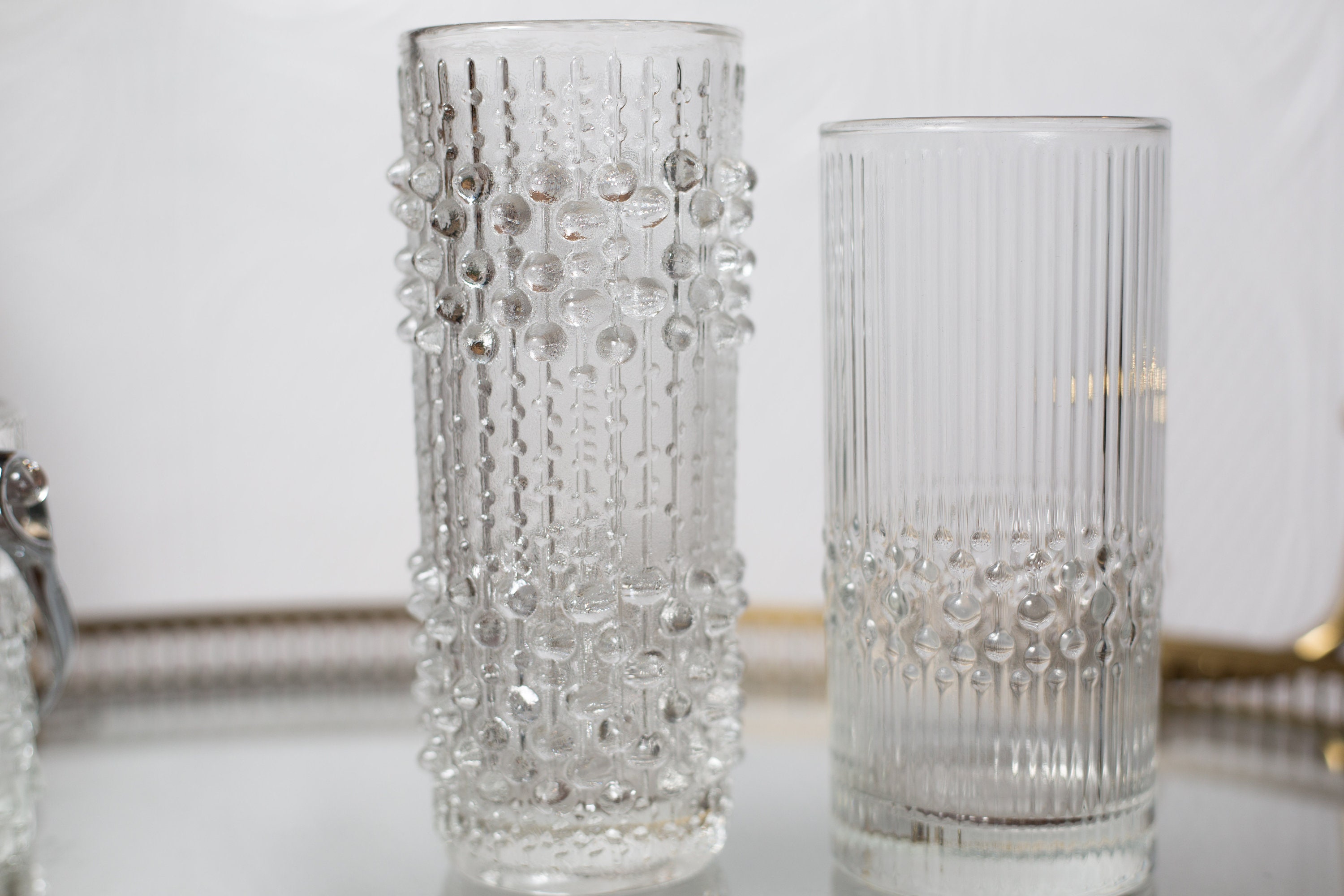 3 Vintage Icicle Glass Barware Set of three Textured Scandinavian Finnish Style Cocktail Bar